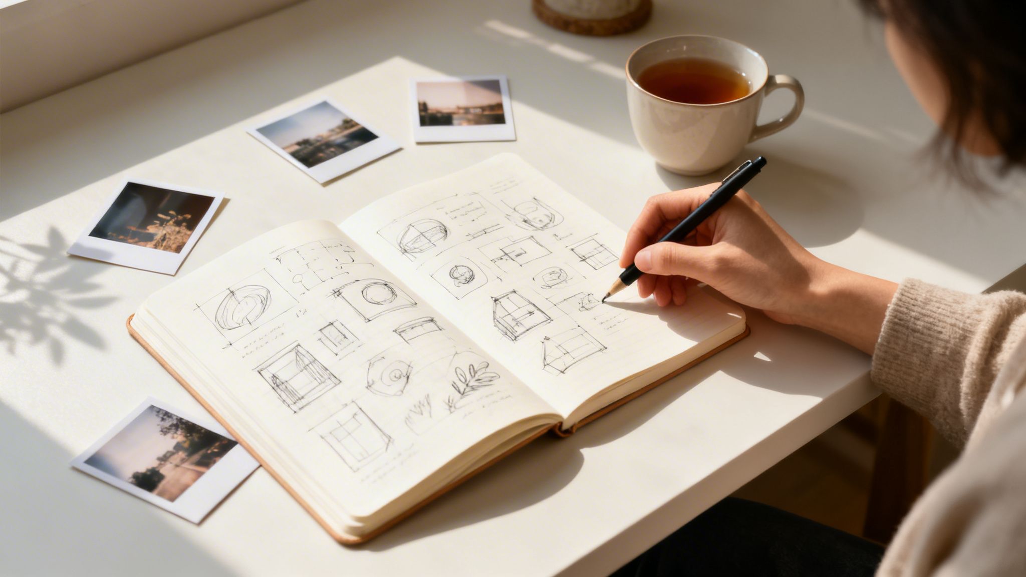 En person tegner skitser i en notesbog på et hvidt skrivebord med instant-fotos og en kop te, badet i sollys.