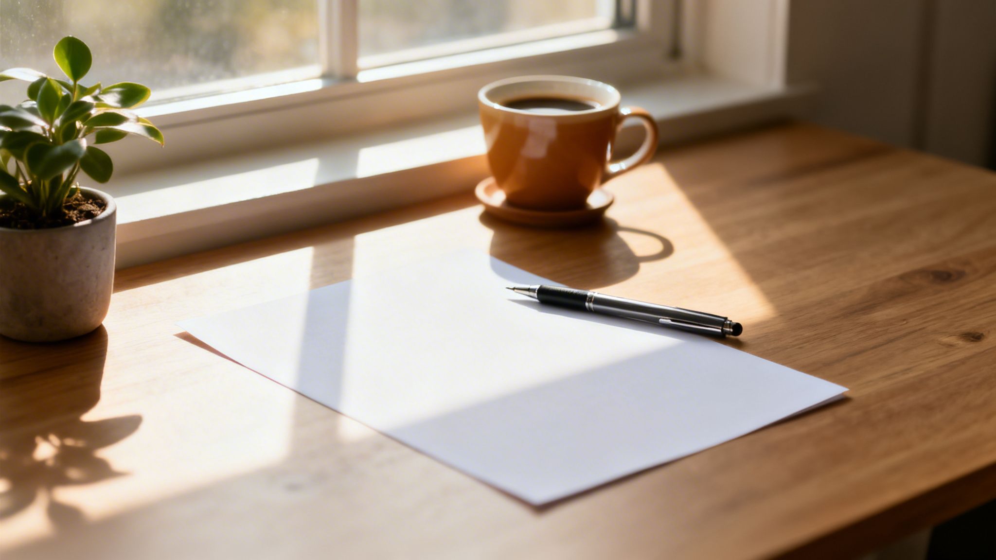 Et skrivebord med en plante, kaffe, et tomt ark papir og en pen ved et solrigt vindue.