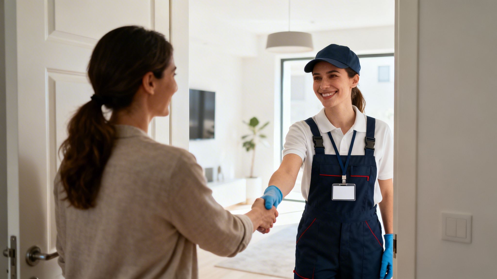 En smilende rengøringsassistent iført uniform giver hånd til en kvindelig kunde ved indgangen til et lyst hjem.