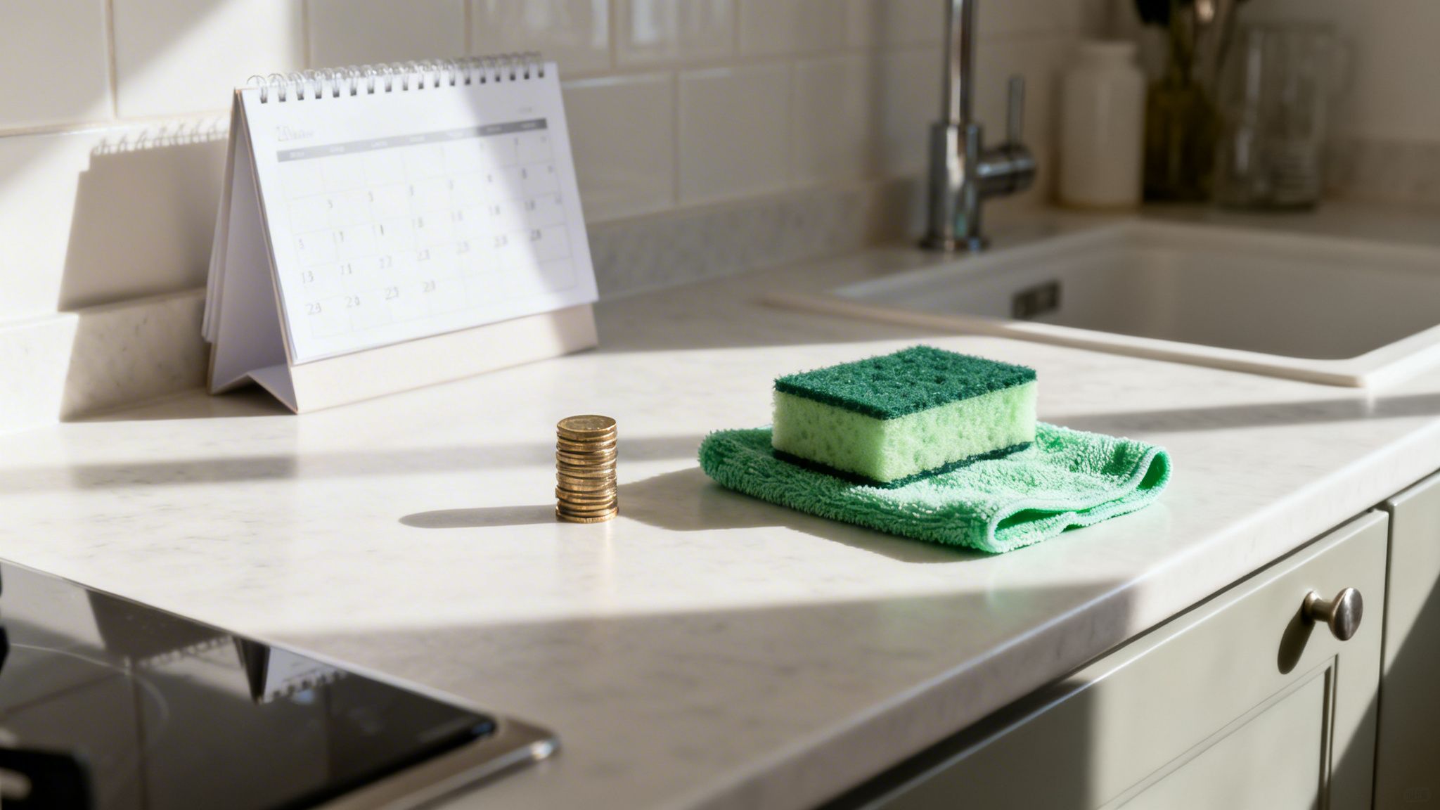 Et lyst køkkenbord med en kalender, stablede mønter, en grøn svamp og en rengøringsklud.