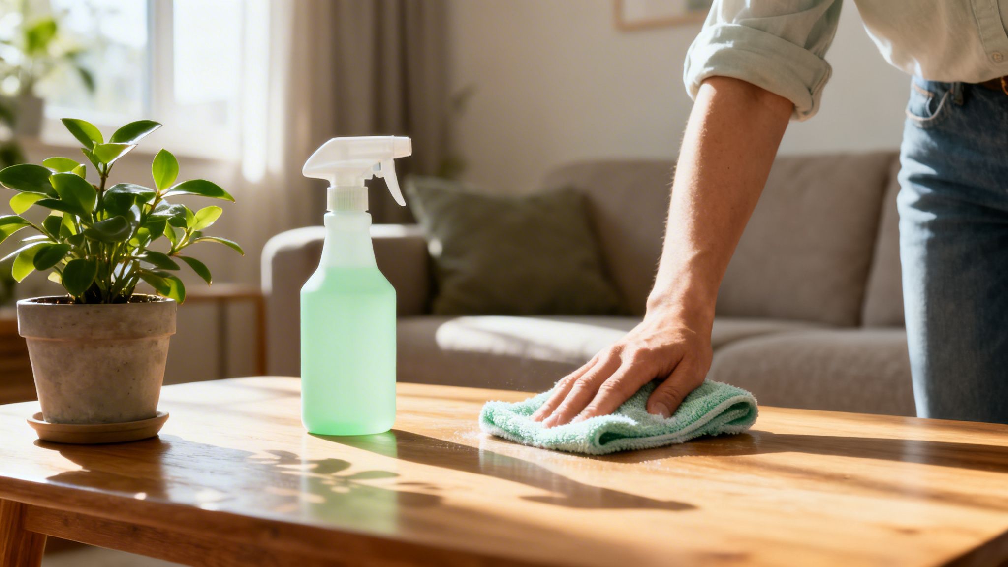 En person rengør et træbord med en sprayflaske og en klud i et lyst hjem. En plante står ved siden af.