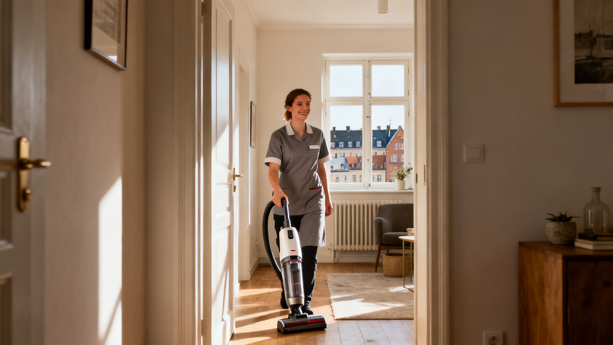 En smilende servicekvinde i grå uniform støvsuger et lyst rum med trægulv.