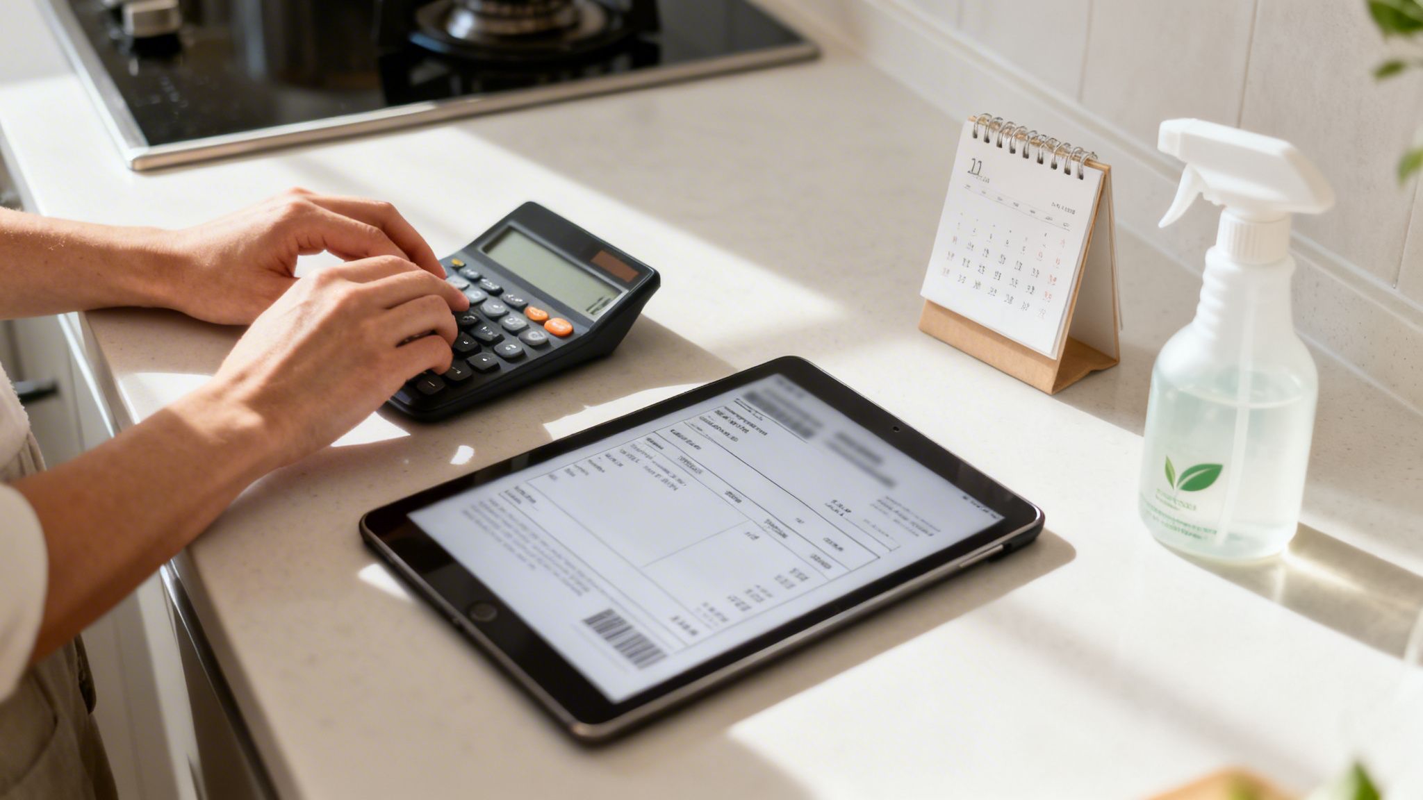 En person bruger en lommeregner og en tablet til at gennemgå regninger på et køkkenbord med en kalender.