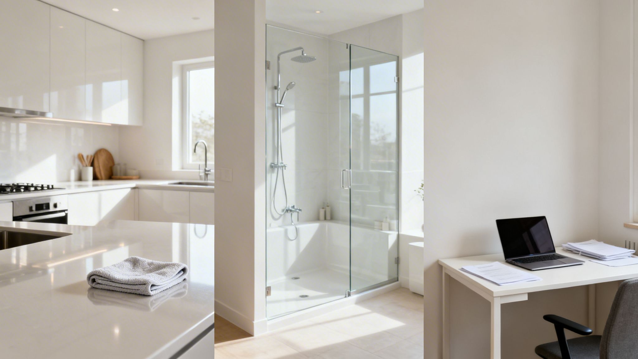 Tre billeder viser et rent og lyst køkken, et moderne badeværelse med bruseniche og et ryddeligt hjemmekontor.
