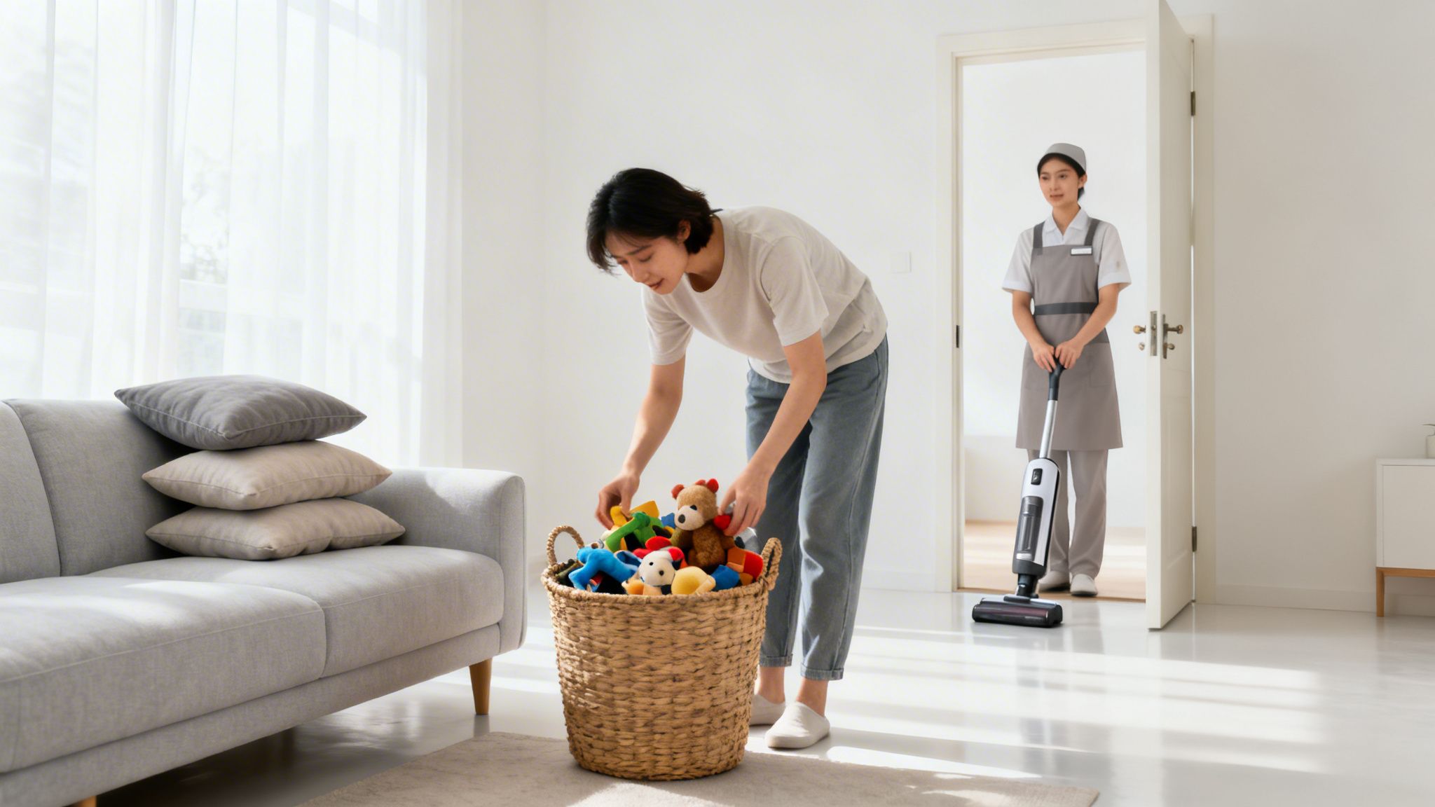 En kvinde rydder op i legetøj, mens en rengøringsassistent støvsuger gulvet i et lyst hjem.