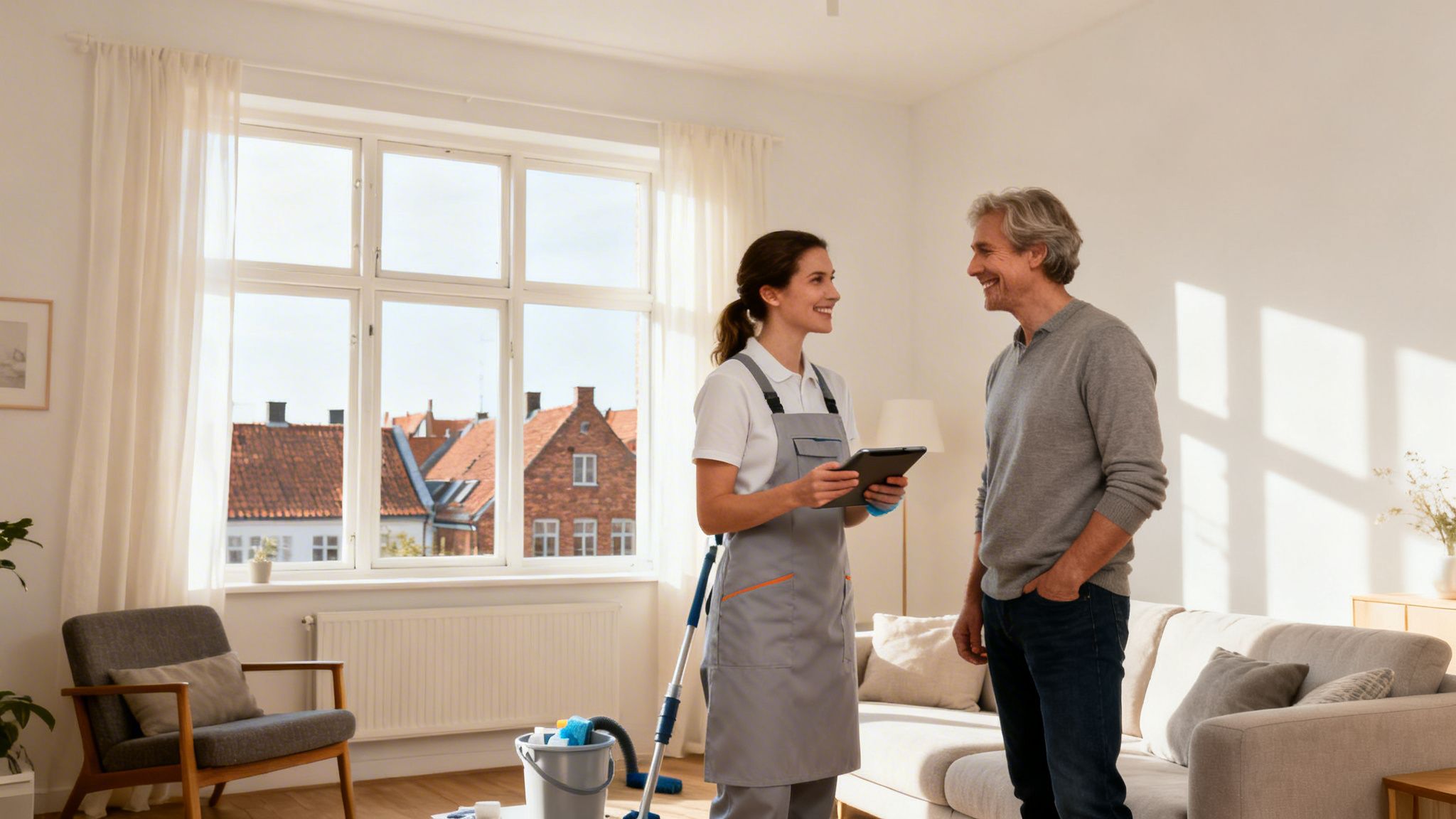 Professionel rengøring: En smilende rengøringsassistent drøfter detaljer med en tilfreds kunde i hjemmet.