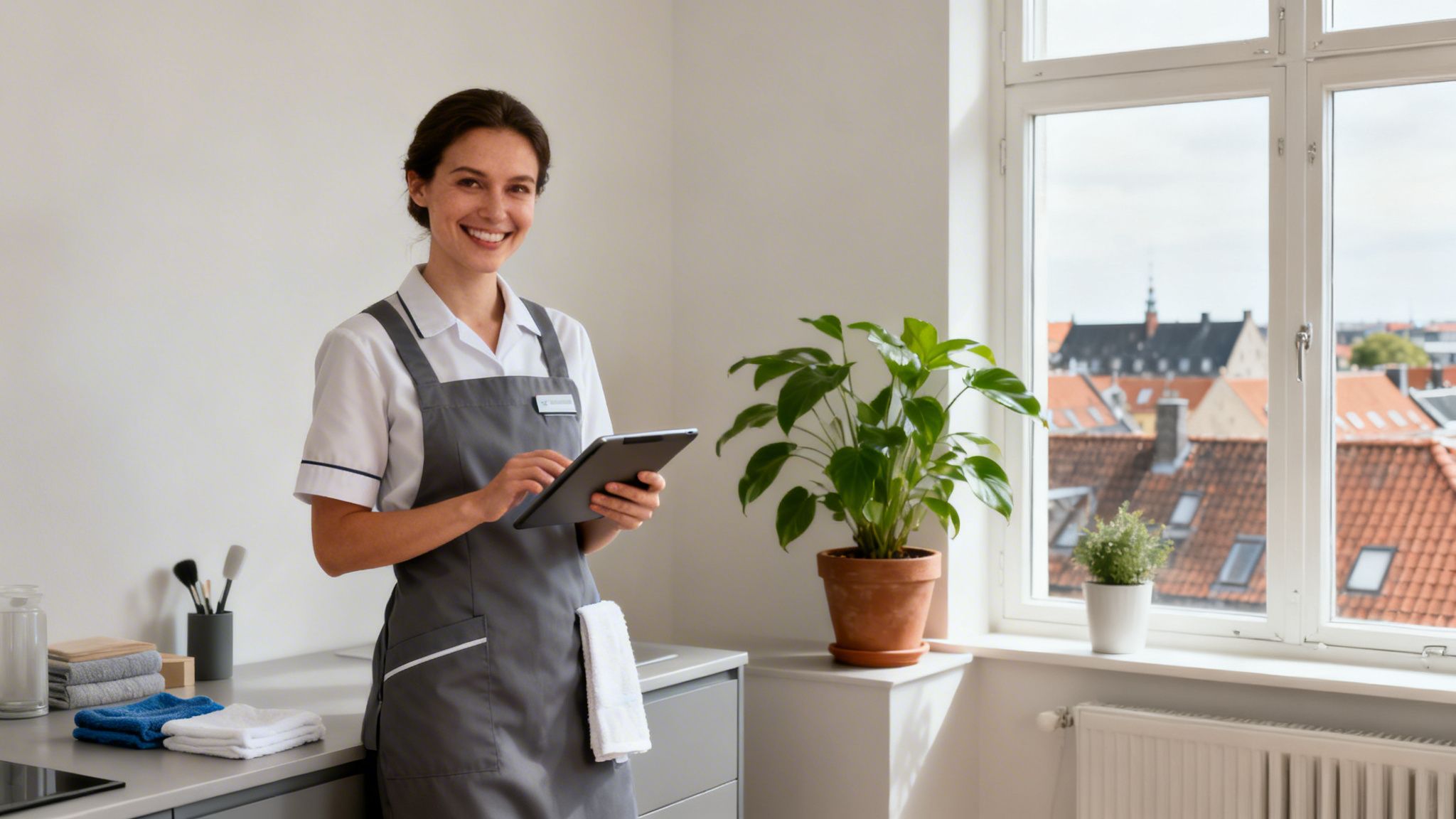 En smilende kvinde i serviceuniform holder en tablet i et rent og moderne rum.