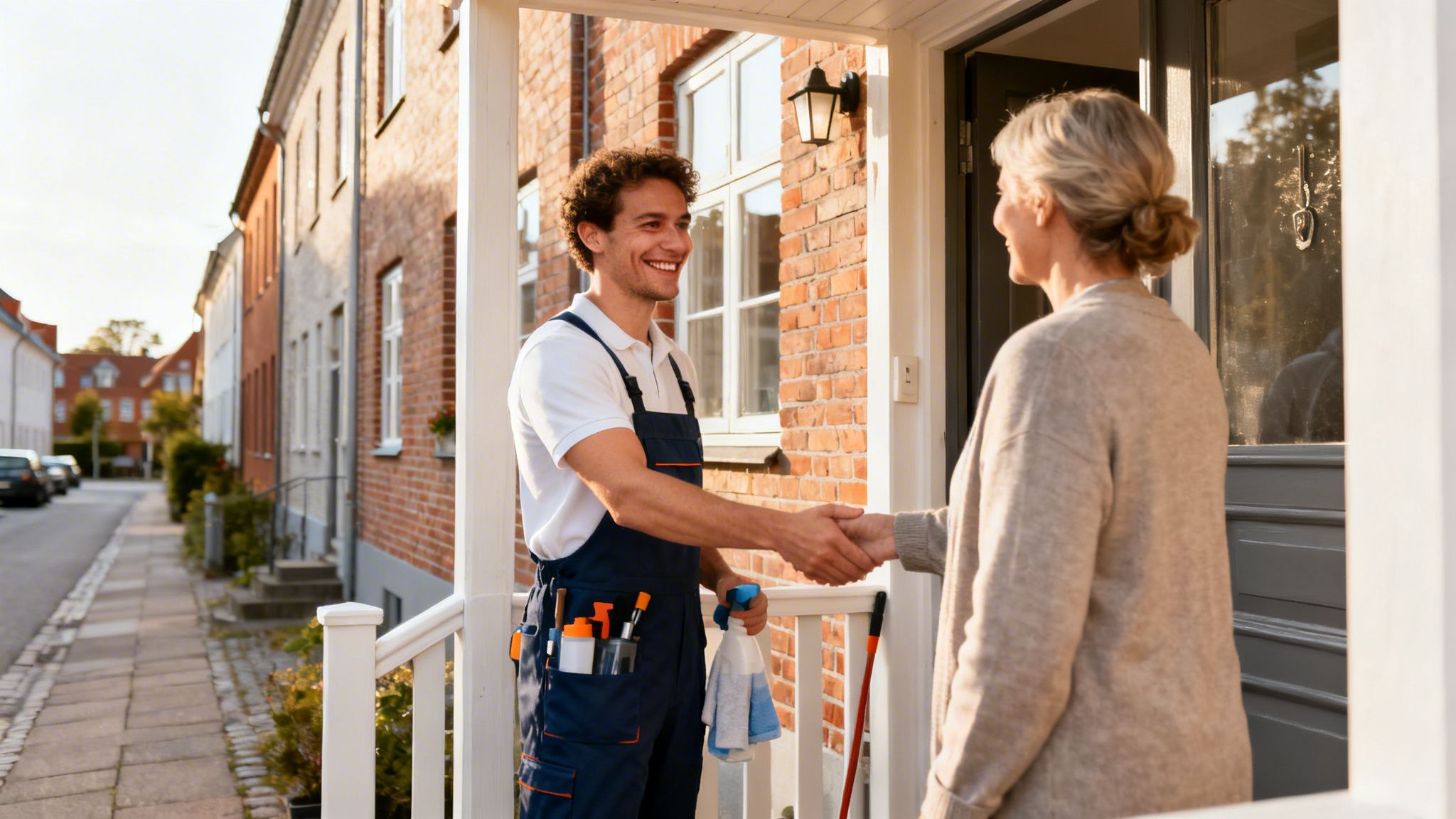 En smilende rengøringsmedarbejder i overall giver hånd til en ældre kvindelig kunde ved hendes hus.