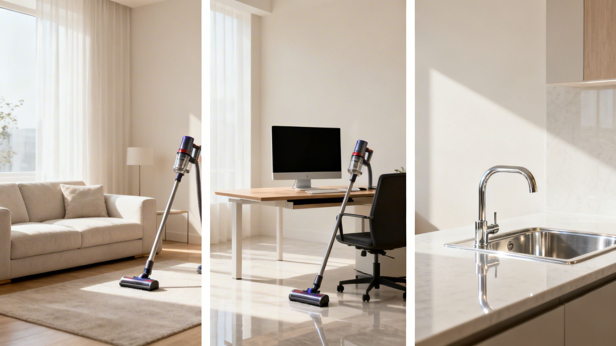 Trådløs støvsuger i et moderne hjem, vist i stue, kontor og et køkken med vask.