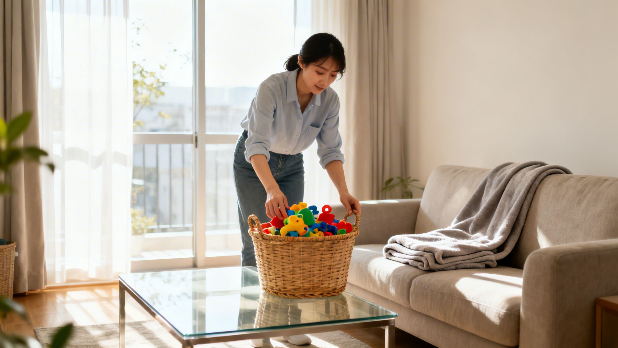 En kvinde lægger farverigt legetøj i en flettet kurv i en lys stue ved siden af en sofa.