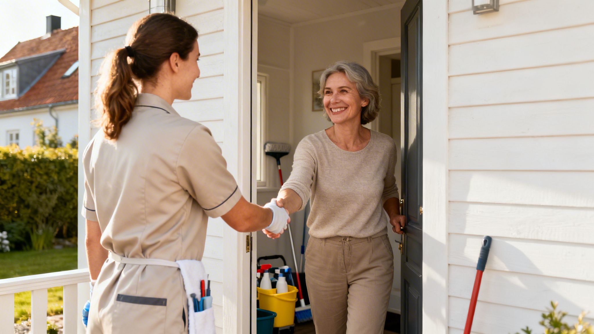 En rengøringsmedarbejder i uniform og handsker hilser med et smil på en ældre kvinde ved husets hoveddør.