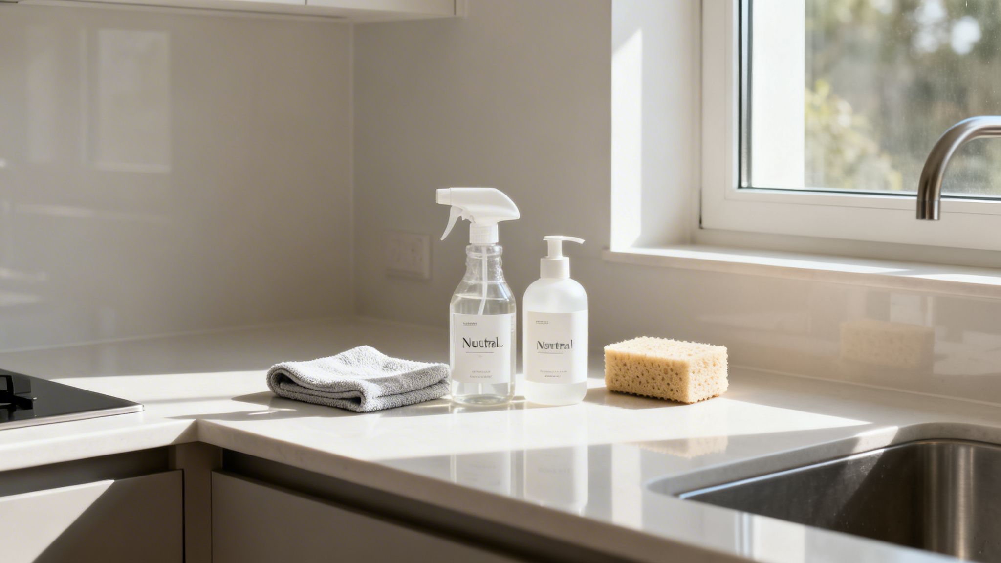 Rengøringsmidler på en køkkenbænk, inklusiv sprayflaske, pumpeflaske, klud og svamp, ved en vask og vindue.