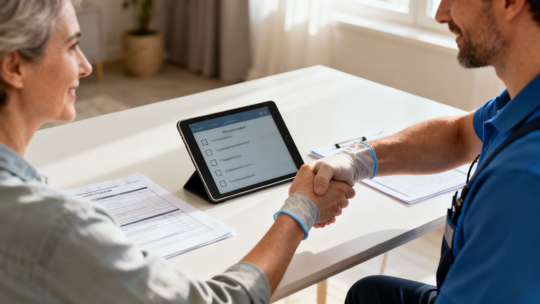 Kvinde og mand ryster hånd over et bord med en tablet og papirer. Manden bærer handsker.