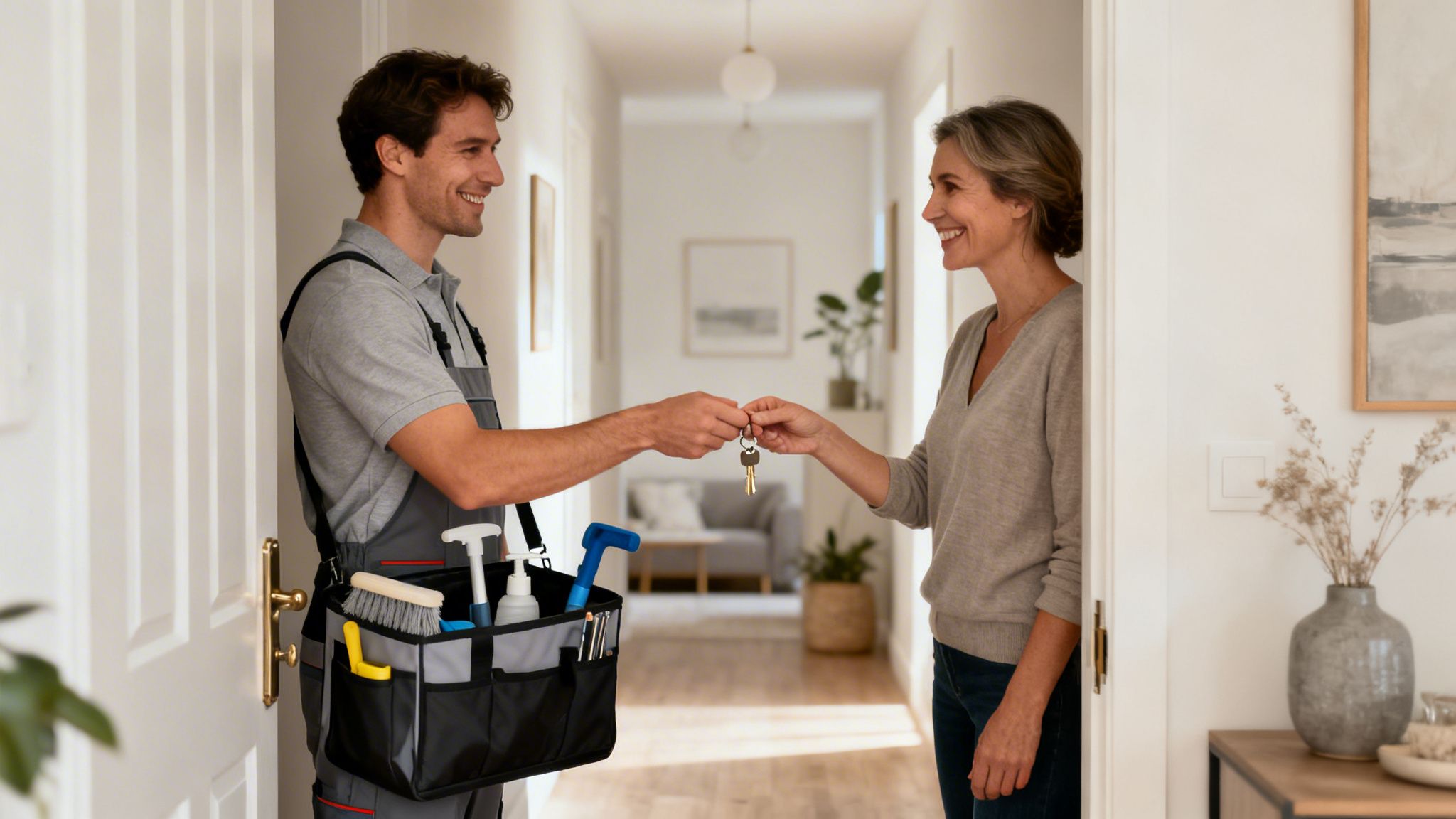 Professionel rengøringsmedarbejder overrækker nøgler til tilfreds kunde efter endt service.