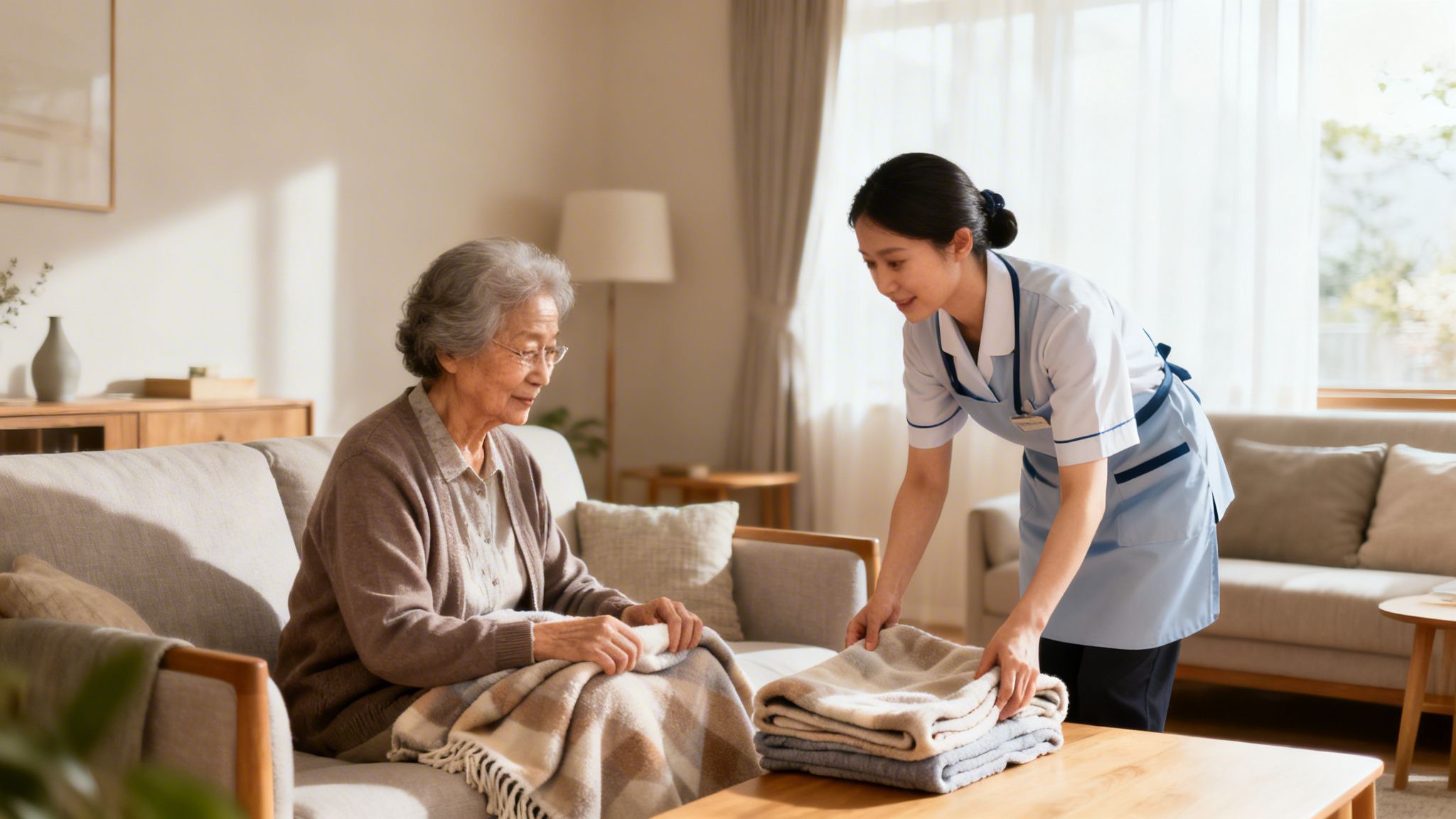 En smilende sygeplejerske placerer tæpper på bordet foran en ældre kvinde i et hyggeligt hjem.