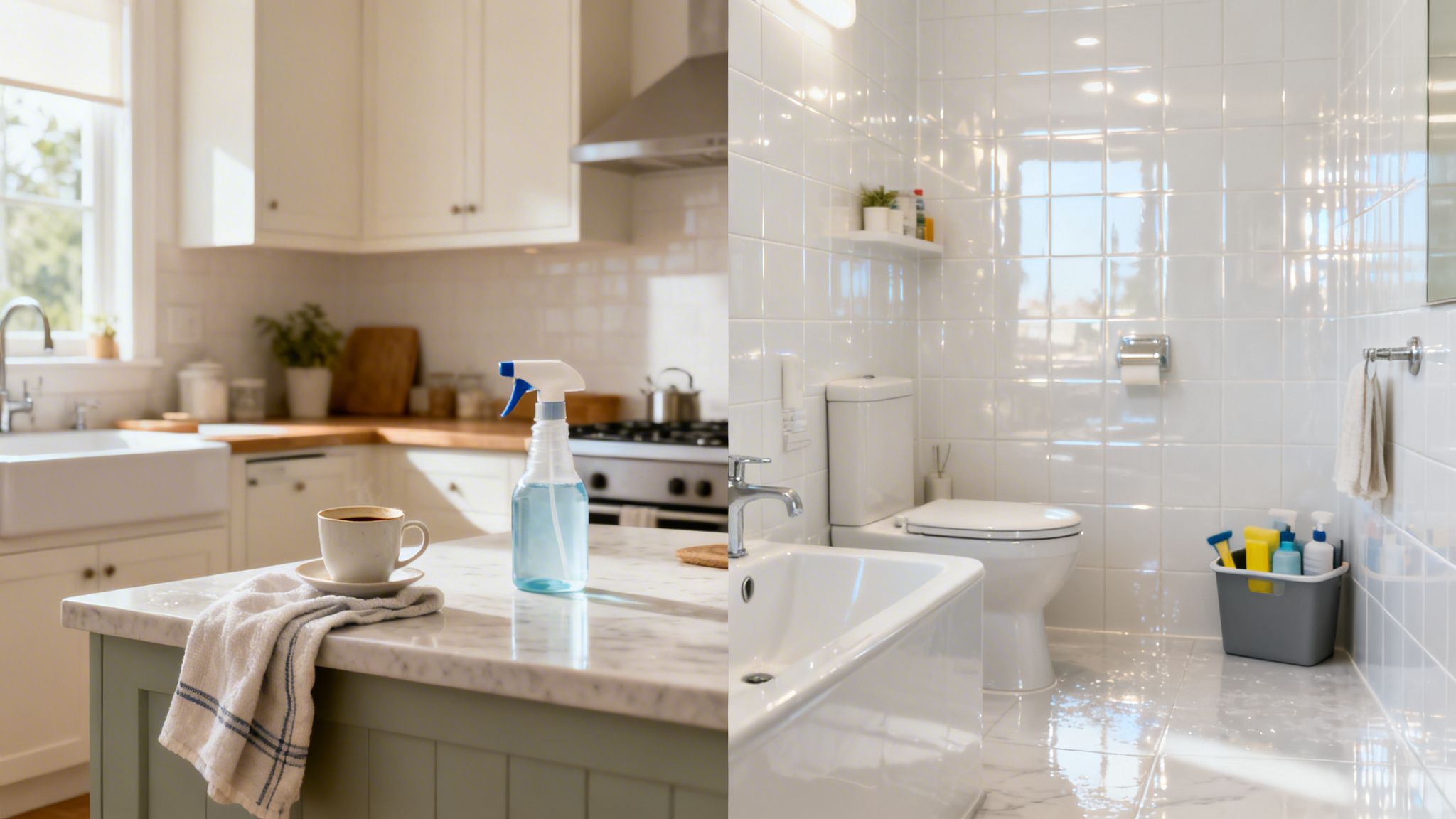 Et rent og lyst køkken samt et hvidt badeværelse, begge med rengøringsmidler klar.