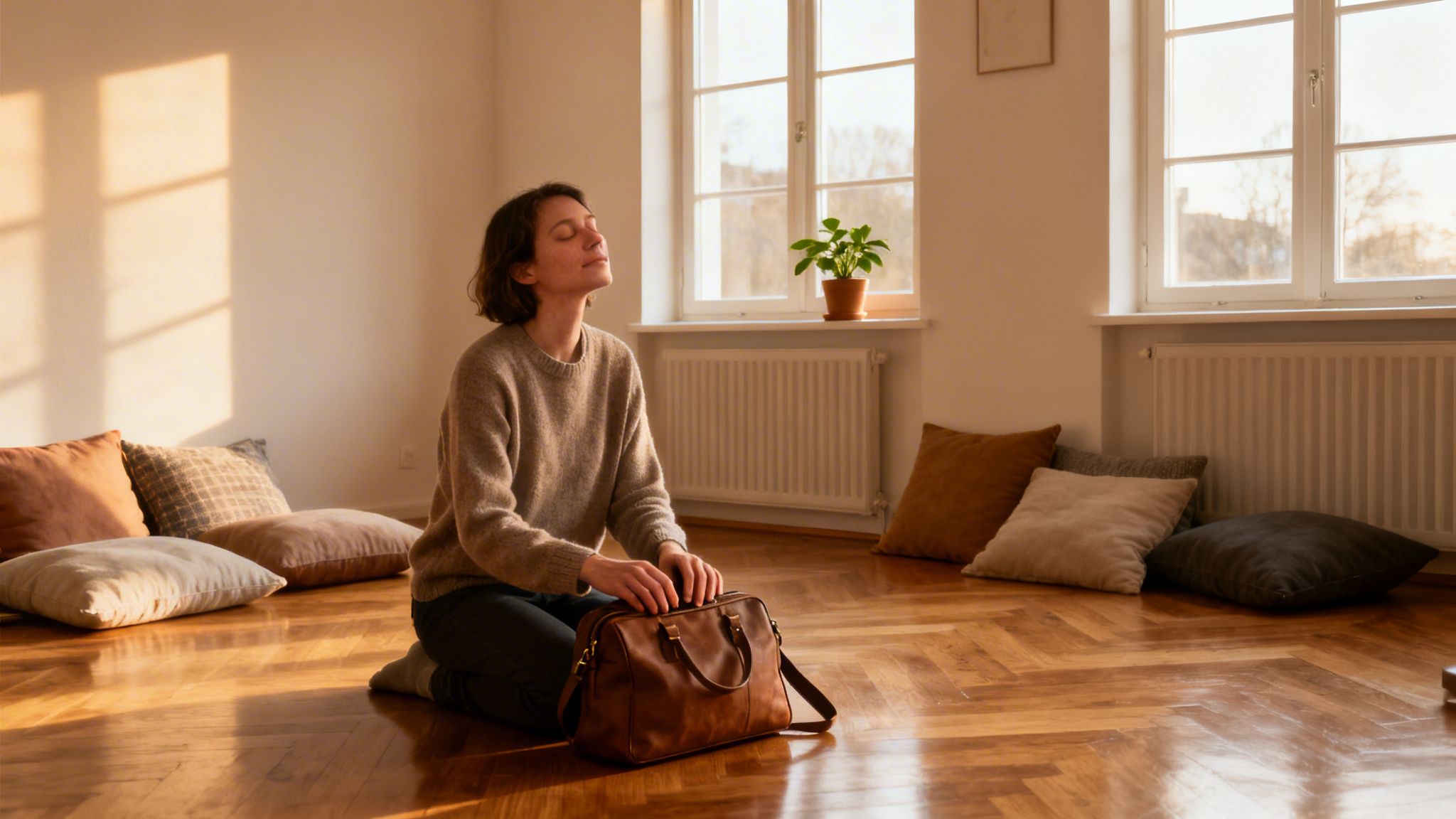 En kvinde sidder på gulvet og mediterer med lukkede øjne, omgivet af puder og en taske. Sollys skinner ind fra vinduerne.