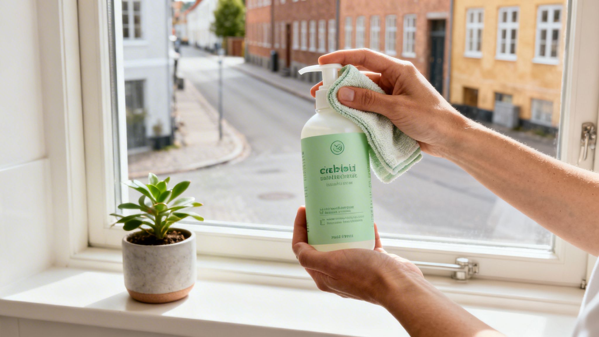 En person holder en flaske rengøringsmiddel og en klud, klar til at rengøre et vindue med udsigt over en gade.