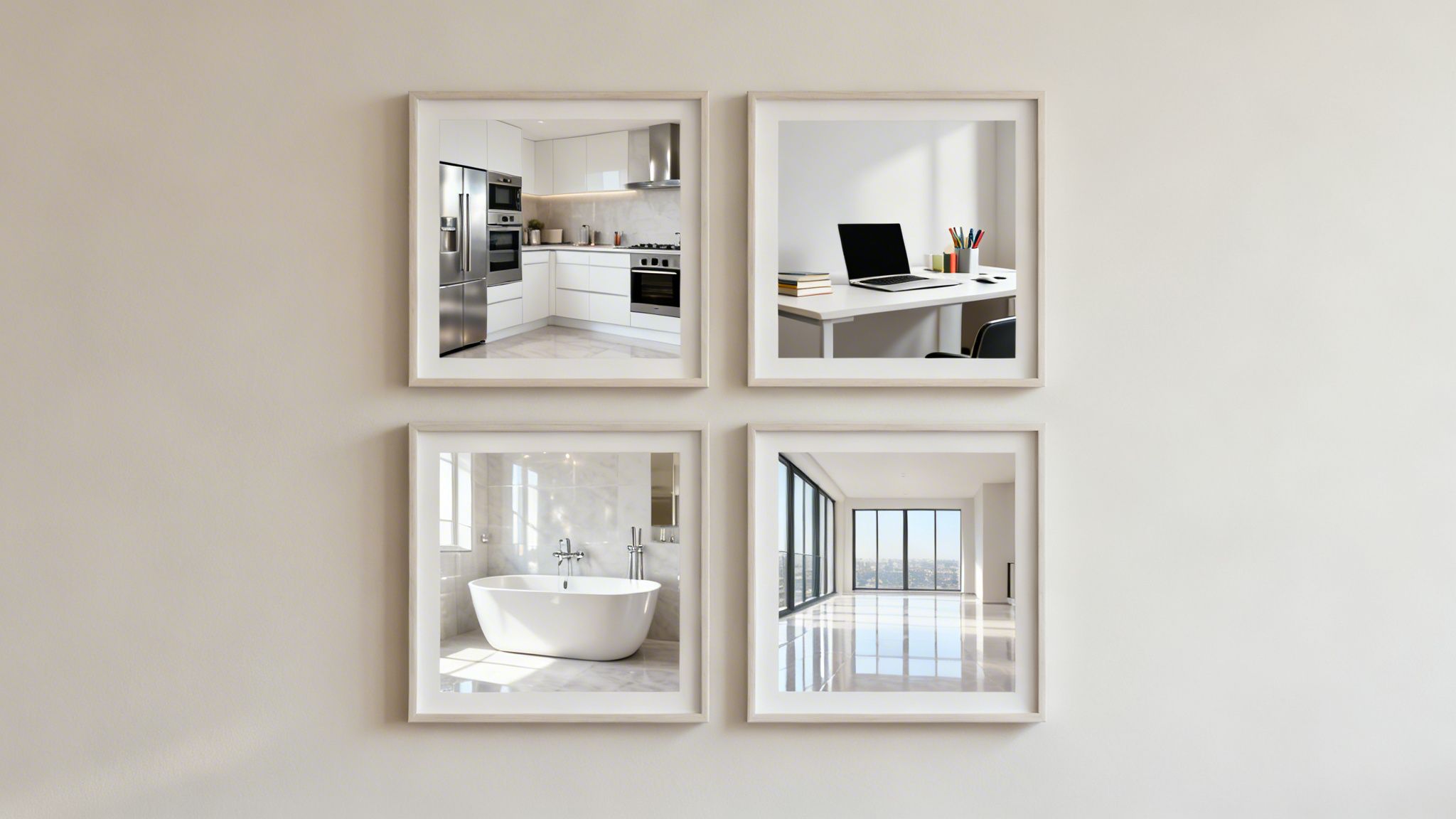 Fire indrammede billeder på en lys væg viser et moderne køkken, et hjemmekontor, et badeværelse og et rum med udsigt.