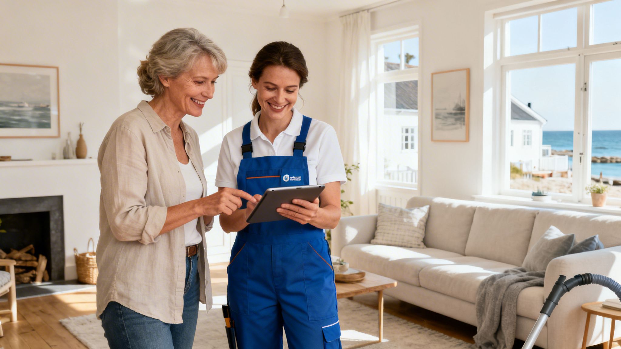 To kvinder gennemgår serviceopgaver på en tablet i en ren stue med havudsigt.