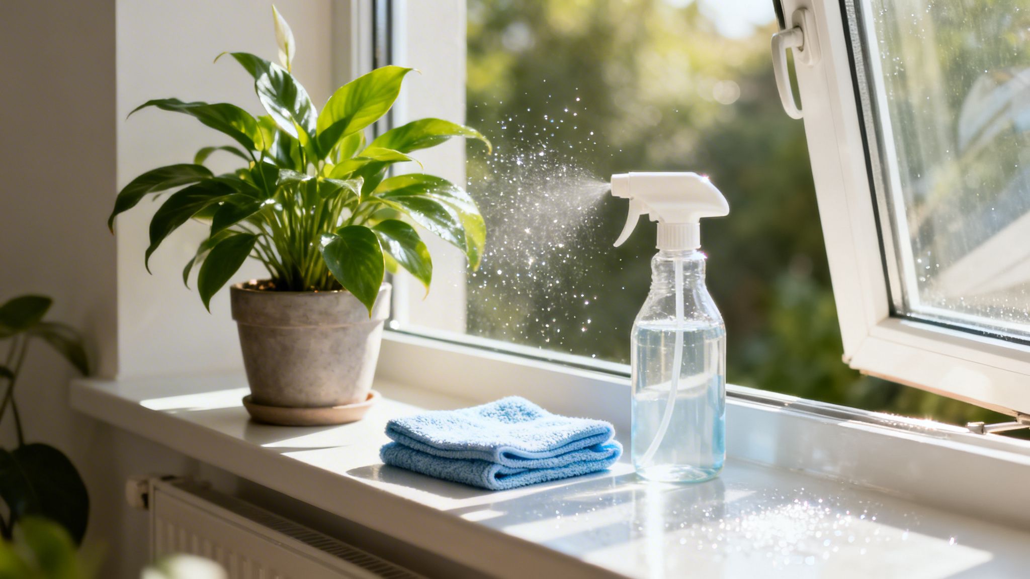 En grøn stueplante i en potte, en sprayflaske og en blå klud på en solrig vindueskarm.