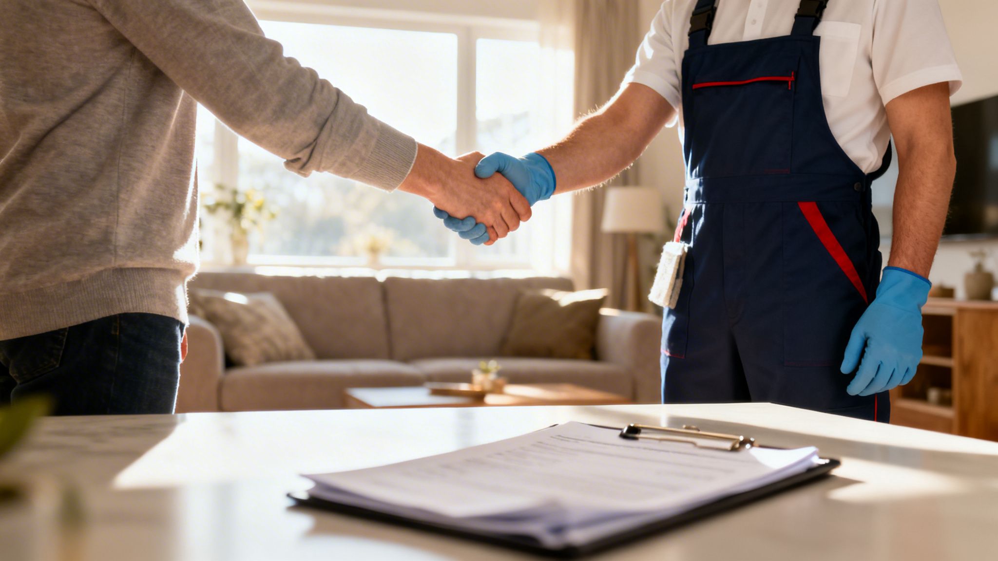 Kunde og rengøringsassistent giver hånd, der bekræfter en serviceaftale. En kontrakt ligger på bordet.