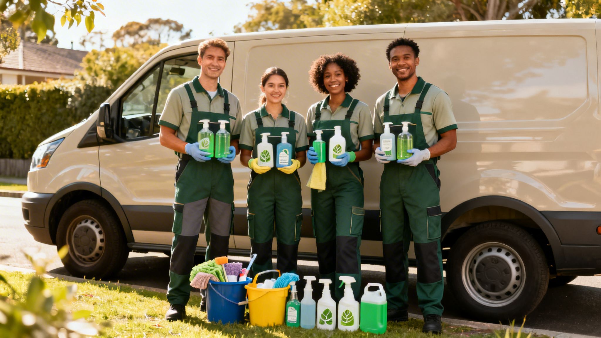 Fire smilende rengøringsmedarbejdere i uniform holder miljøvenlige rengøringsmidler foran en varevogn.