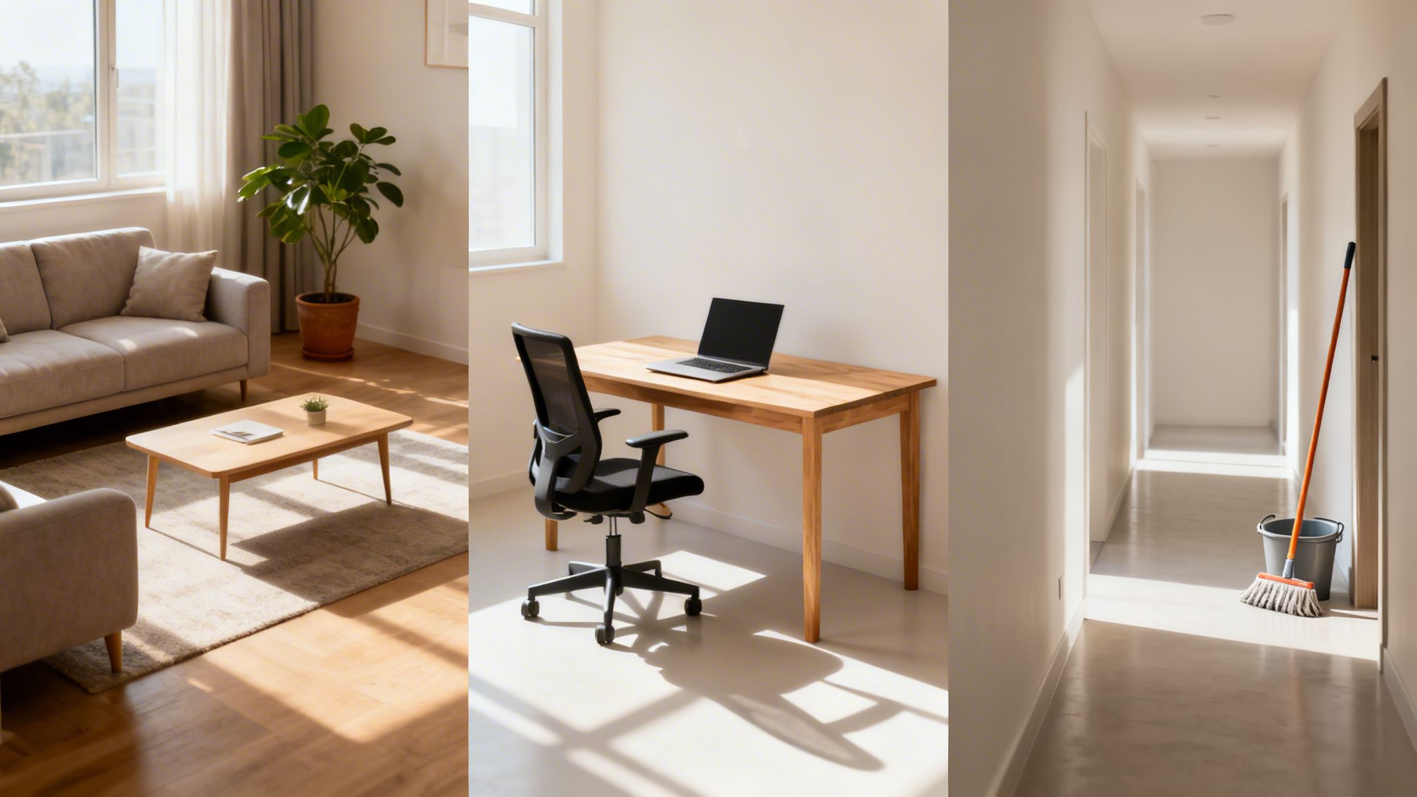 Et billede af et moderne hjem med et hyggeligt opholdsrum, et kontor og en gang med rengøringsudstyr.