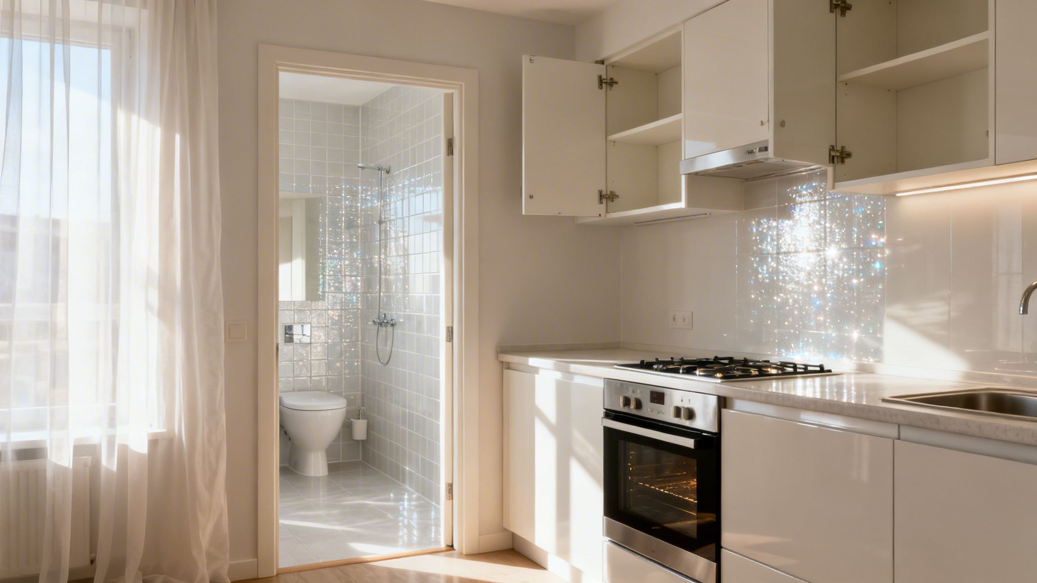 Lyst køkken med hvide skabe, komfur og vask, der fører til et badeværelse med toilet. Sollys skaber glitrende reflekser.