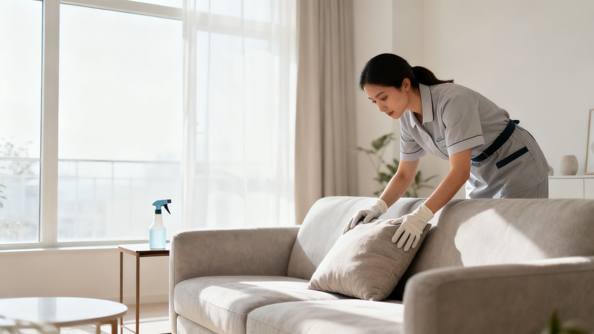 En kvinde i uniform og handsker rydder op og ordner puder på en sofa i en lys stue.