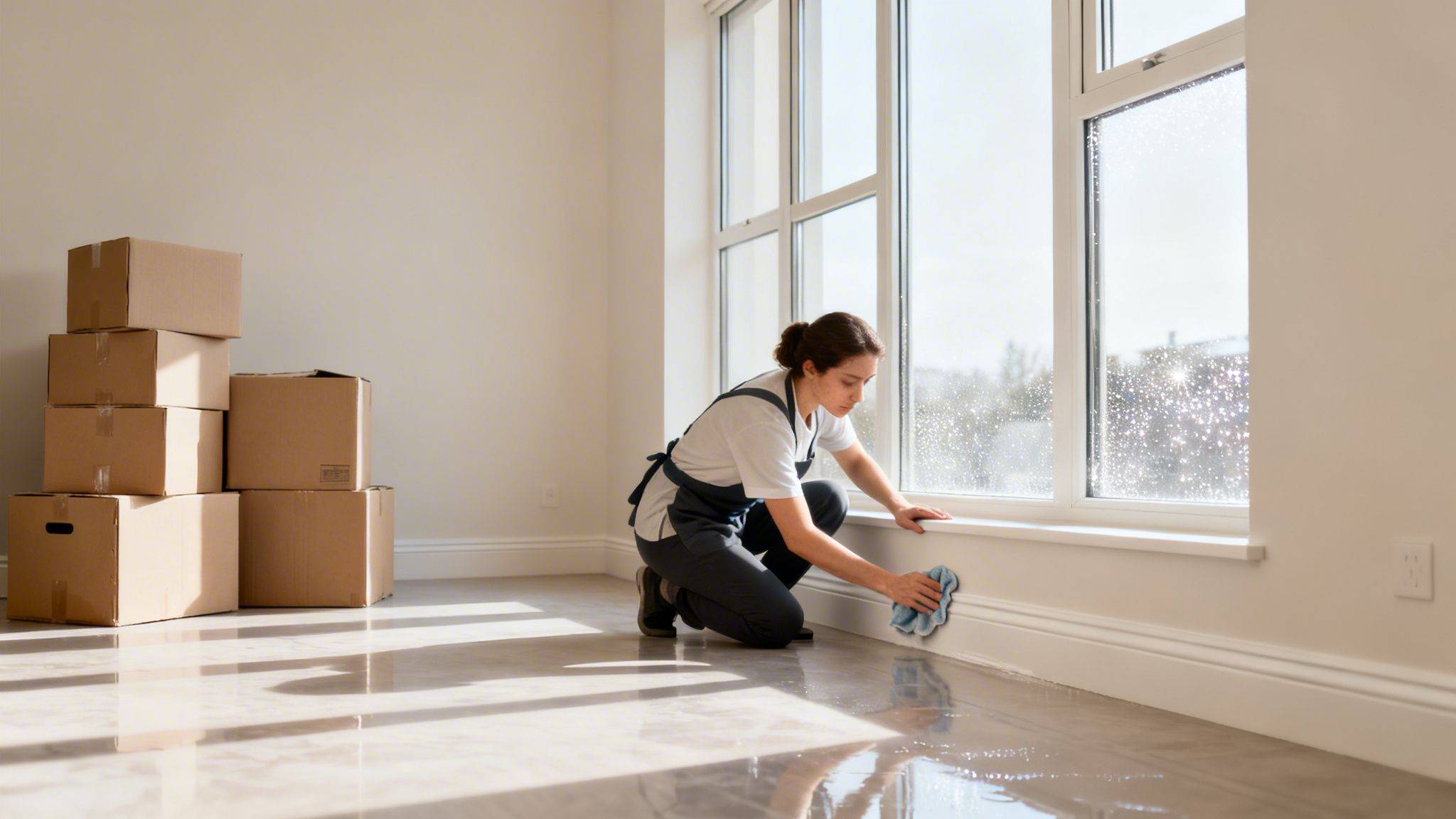 Kvinde rengør et tomt rum med gulvliste og flyttekasser ved et solrigt vindue.