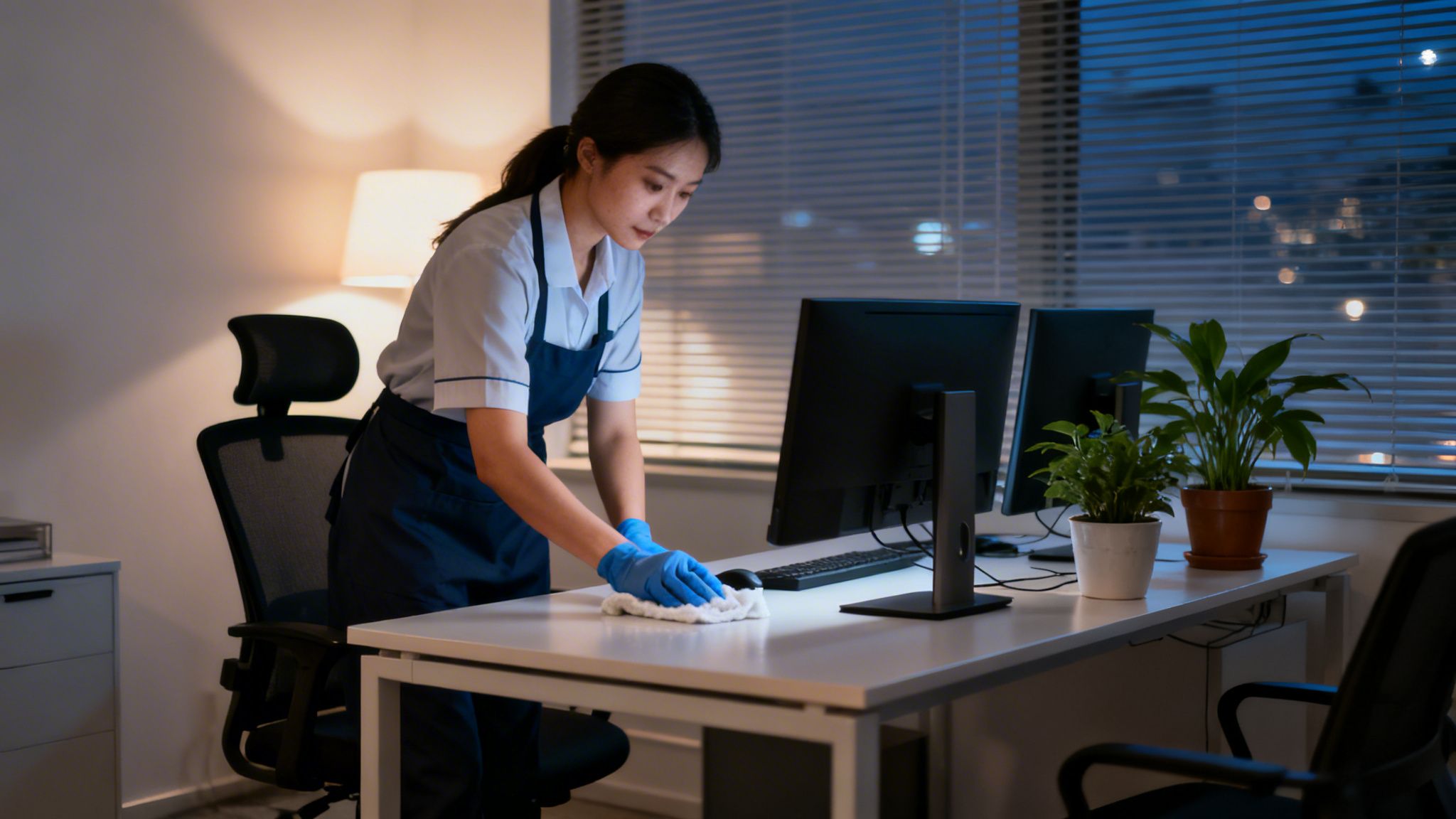 En kvinde i rengøringsuniform og handsker tørrer et skrivebord af på et kontor.