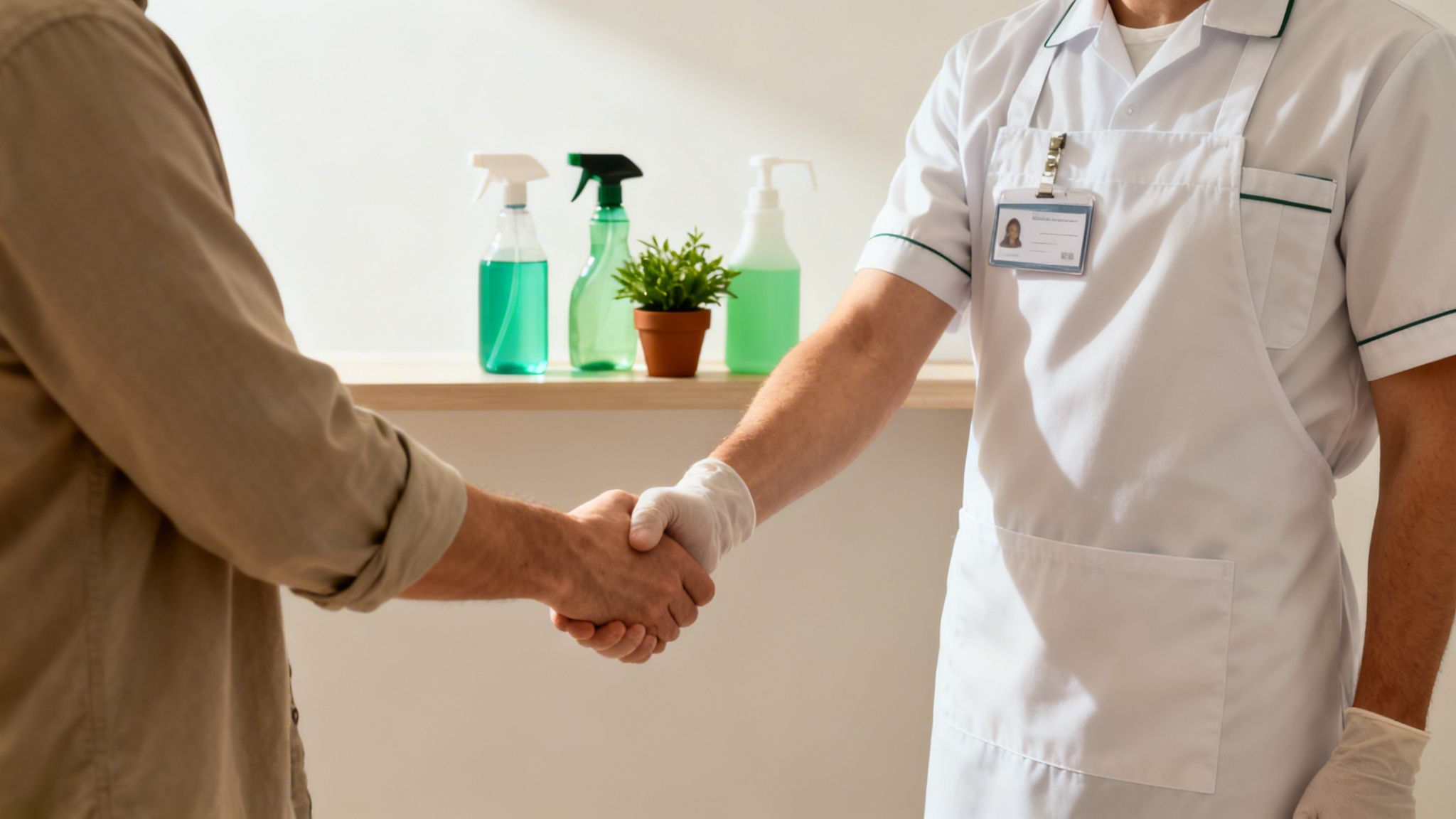 En rengøringsassistent med handsker giver hånd til en kunde, med rengøringsmidler i baggrunden.