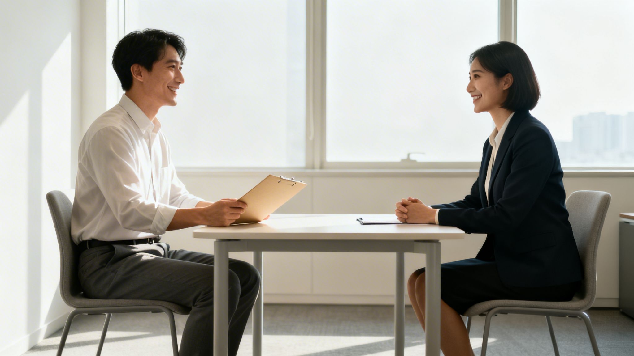 To smilende personer holder et møde eller jobsamtale ved et bord på et kontor.