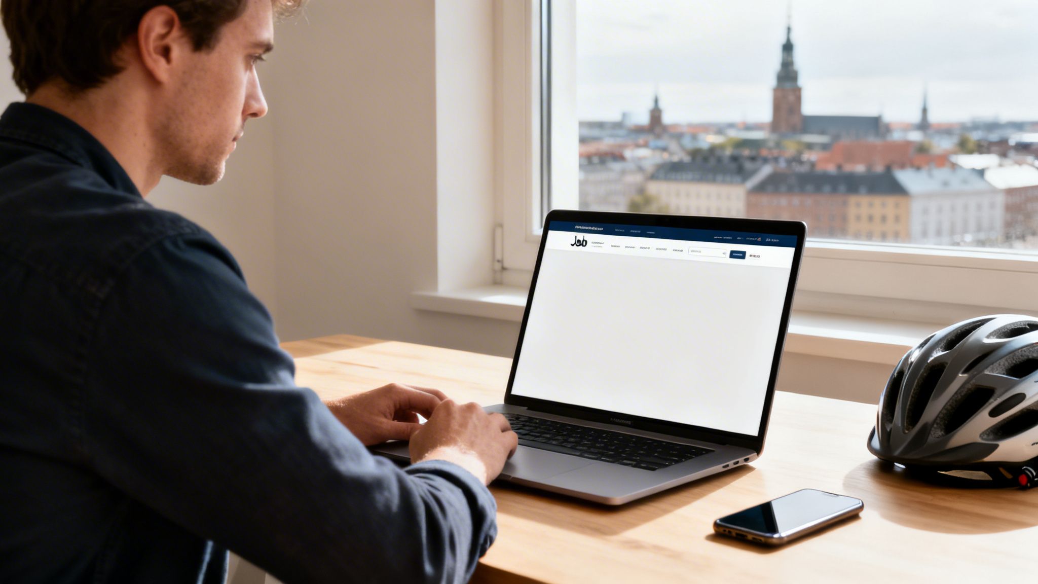 Mand sidder ved et skrivebord, arbejder koncentreret på en bærbar computer med udsigt over København. En cykelhjelm og telefon ligger på bordet.