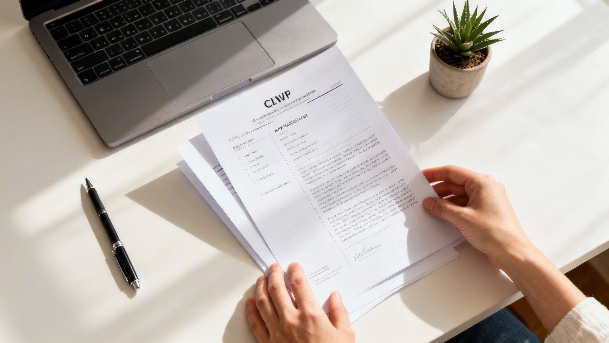 Person læser dokumenter ved et skrivebord med en bærbar computer, pen og potteplante.