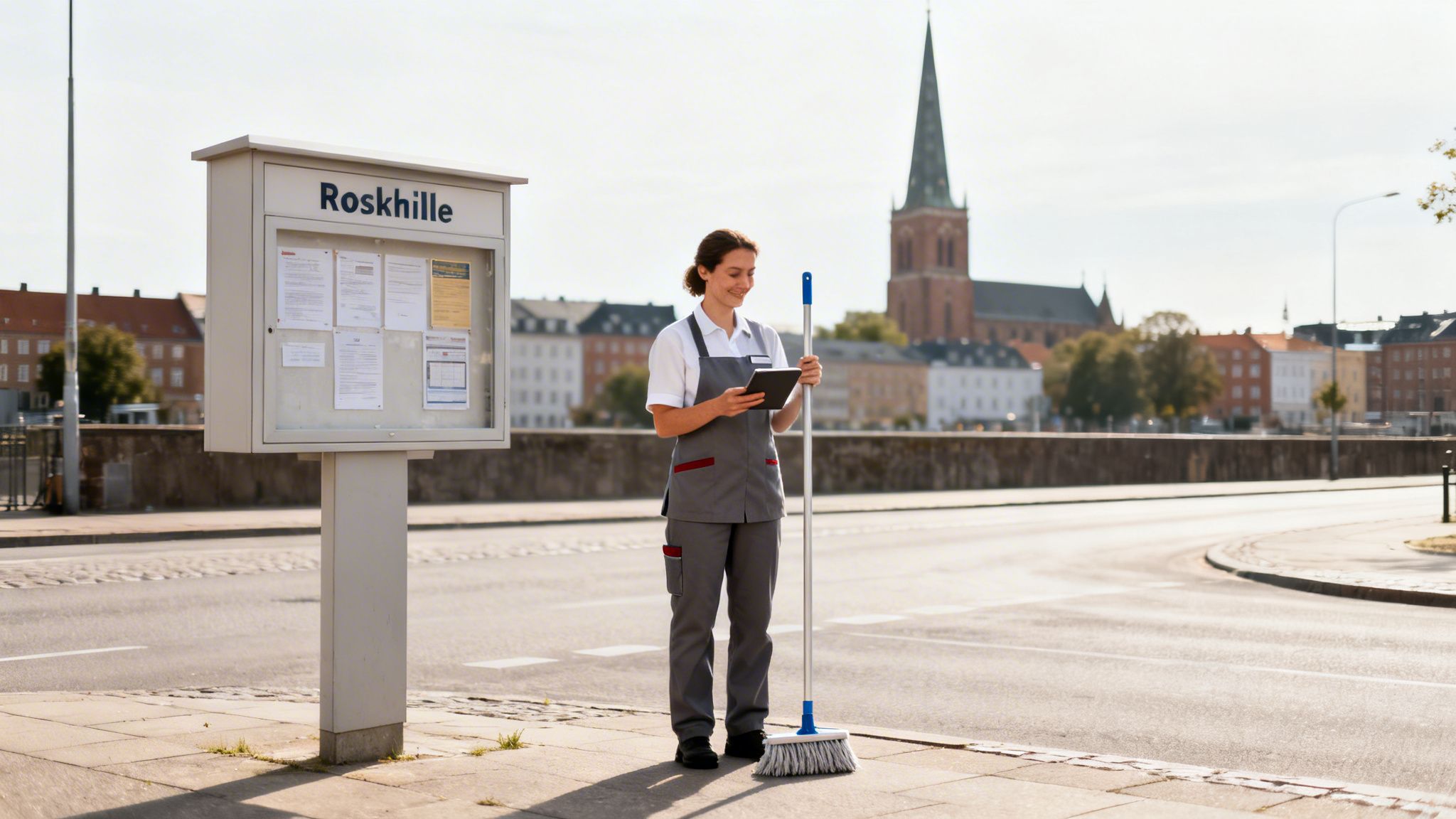 En smilende kvinde i rengøringsuniform holder en kost og tablet ved Roskildes informationstavle.