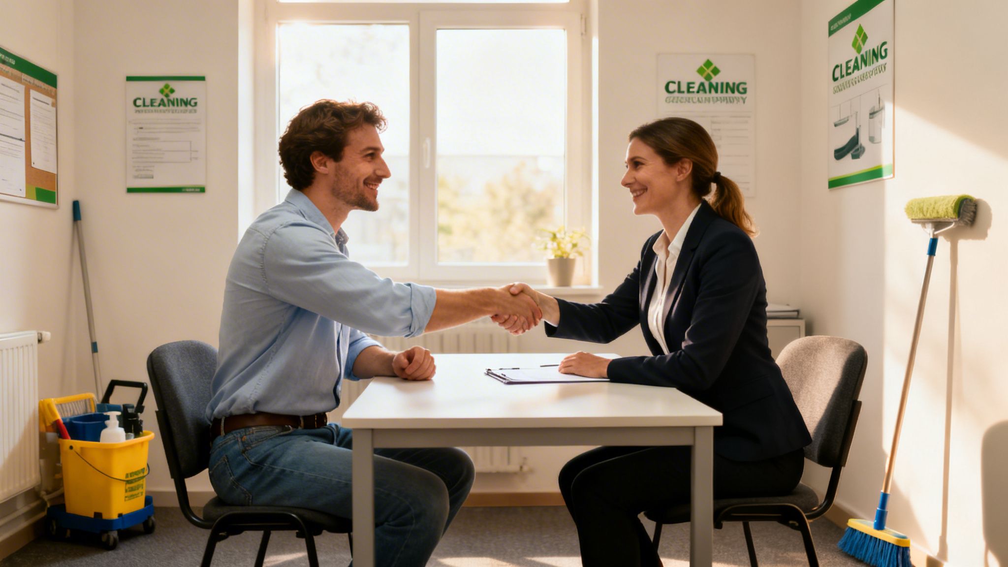Mand og kvinde smiler og giver hånd ved et bord i et rengøringskontor.