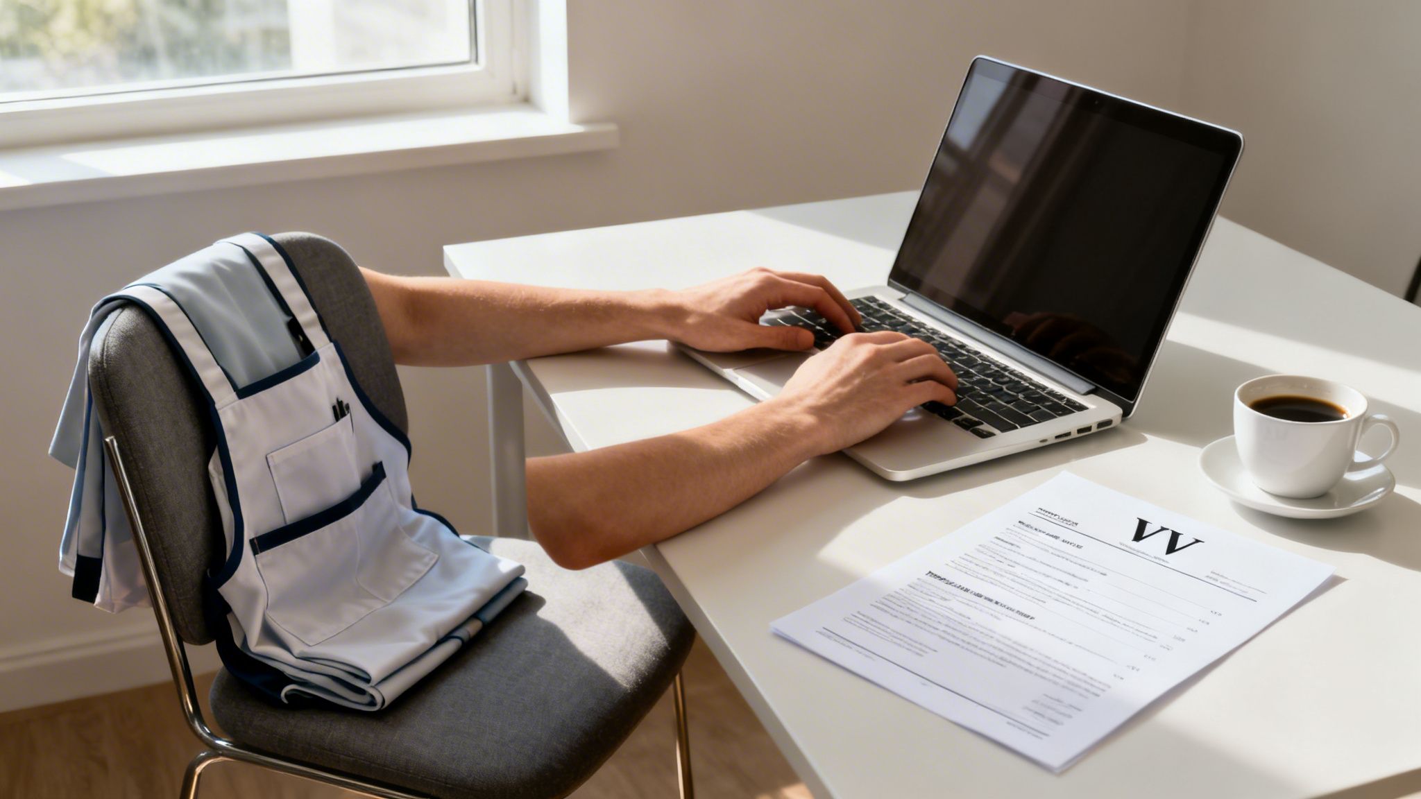 En person skriver på en bærbar computer ved et hvidt skrivebord med kaffe og et dokument. En forklæde hænger på en stol.