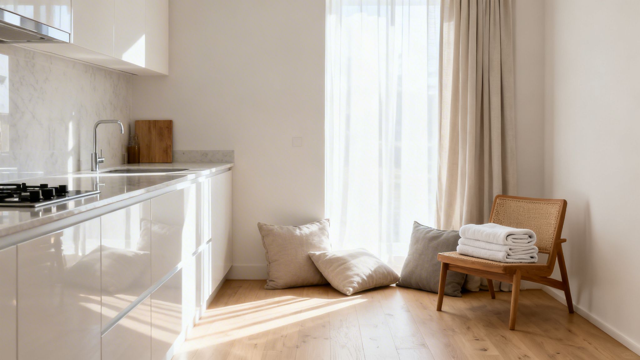 Lyst og moderne køkkenområde med hvide skabe, trægulv og vindue med gardiner, samt en træstol med håndklæder.
