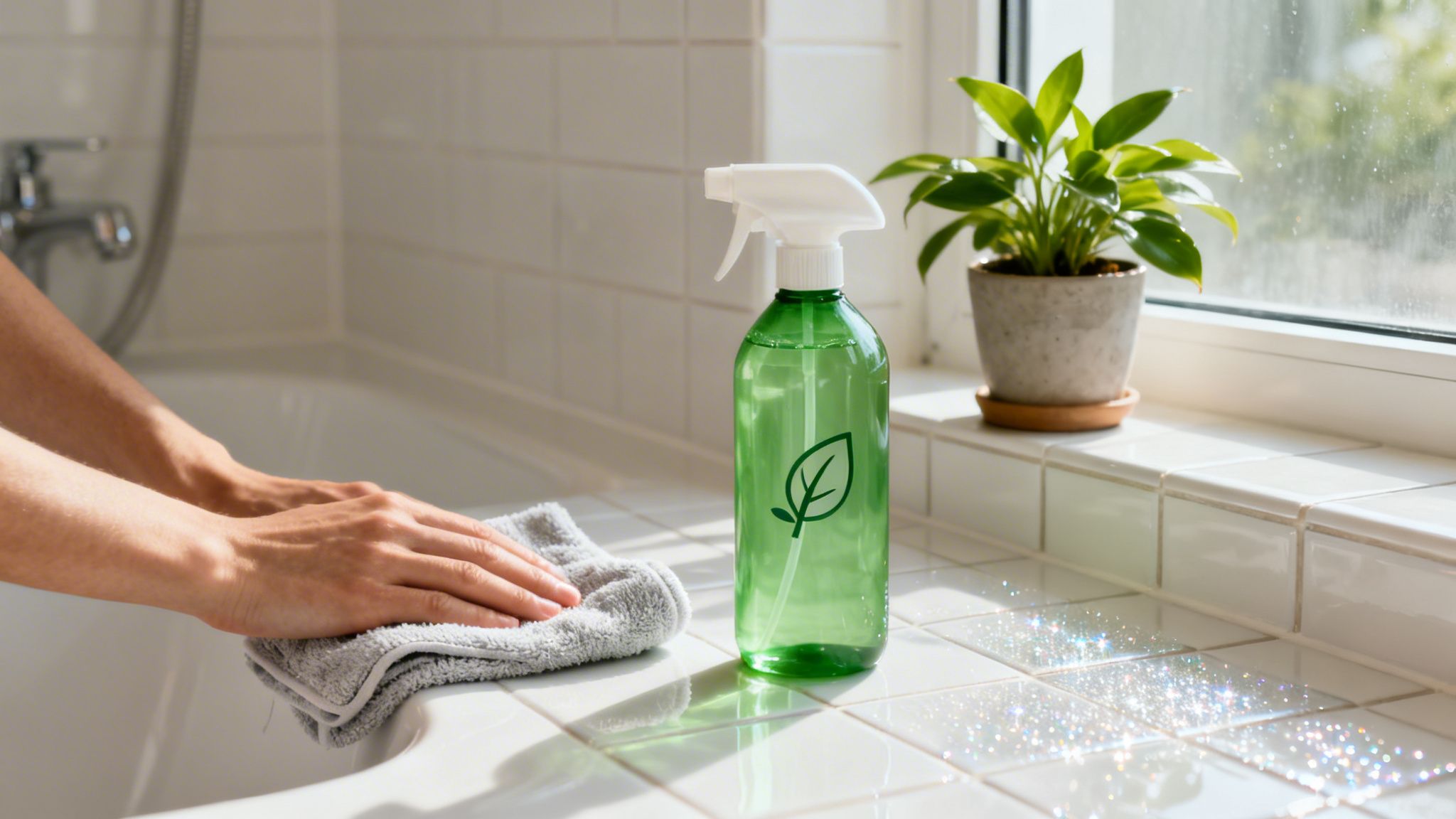 En person rengør et badeværelse med en klud og en grøn, miljøvenlig sprayflaske i solskin.