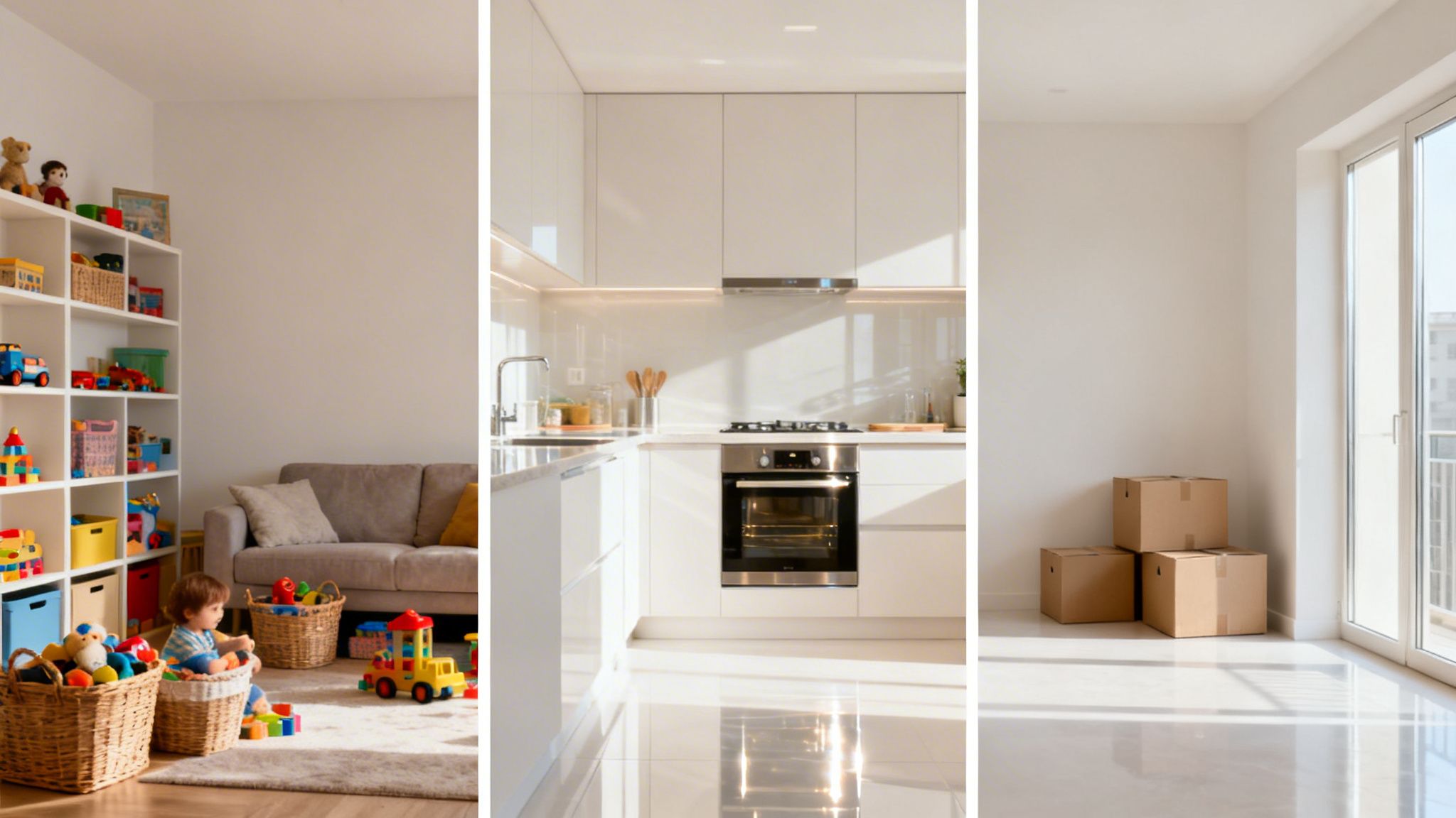 Et tredelt billede der viser et legeområde med et barn, et moderne køkken og et tomt rum med flyttekasser.