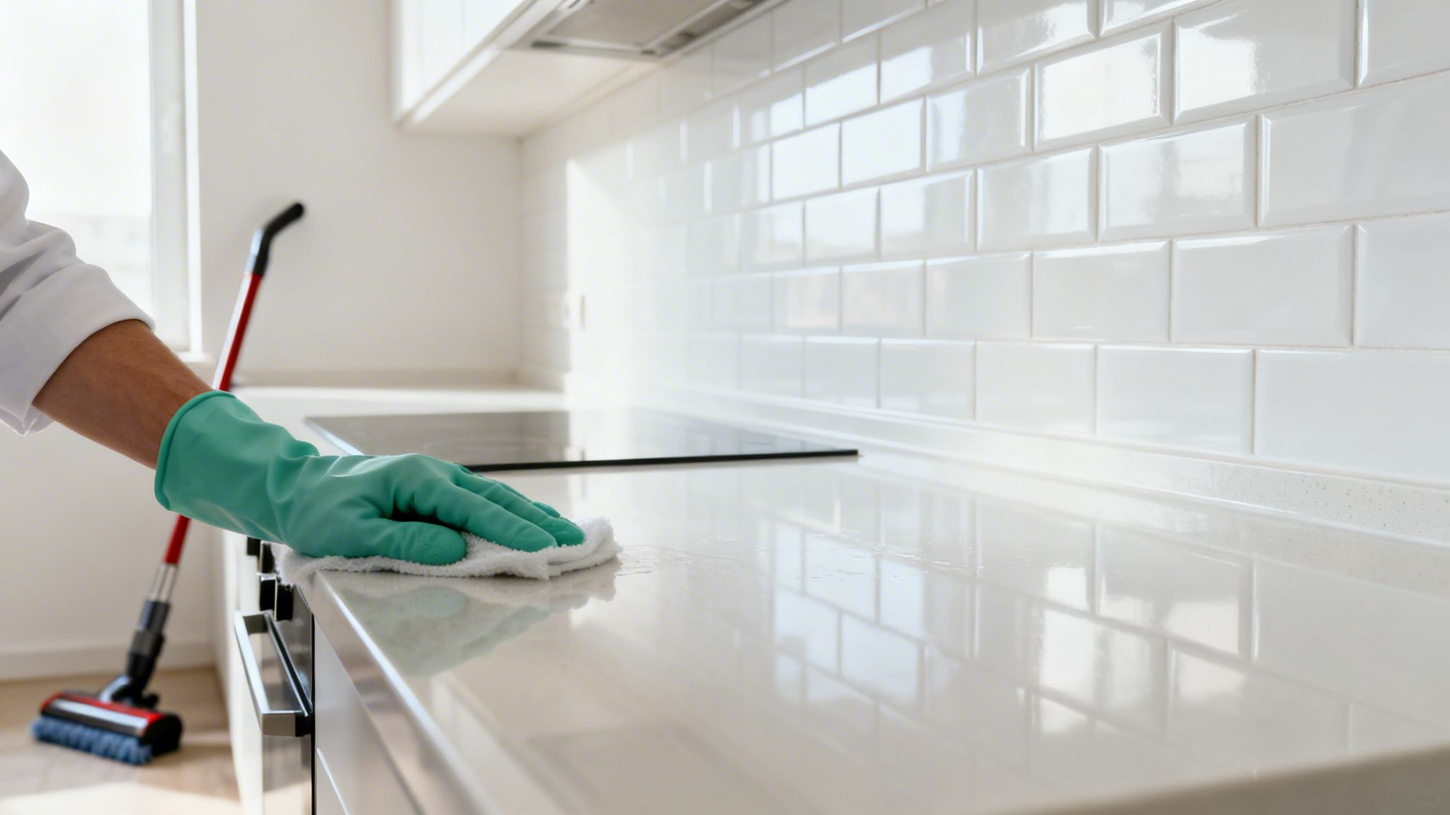 En person i grøn handske rengør et hvidt køkkenbord med en klud.