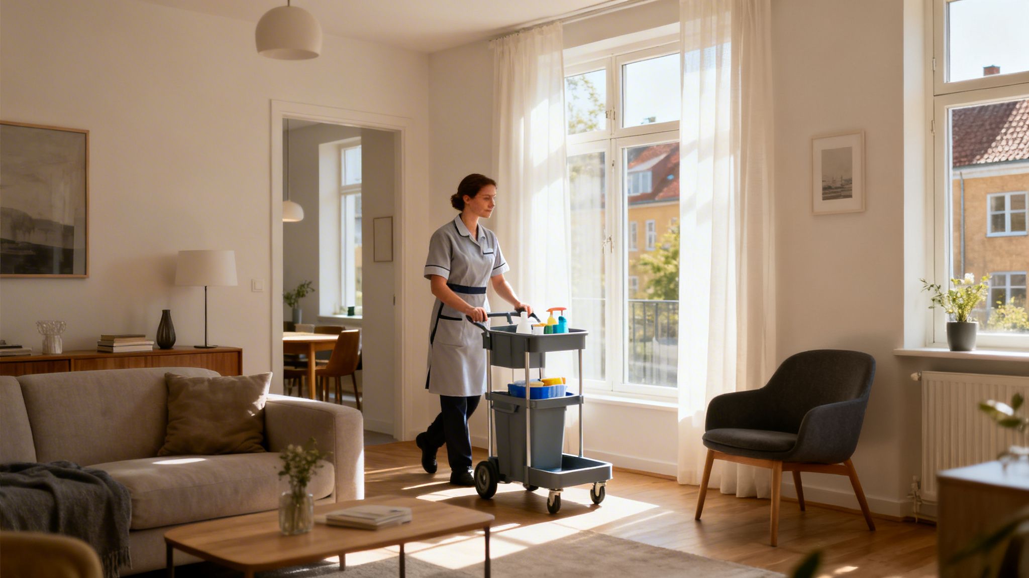 En rengøringsassistent i uniform skubber en rengøringsvogn gennem en lys og moderne stue med store vinduer.