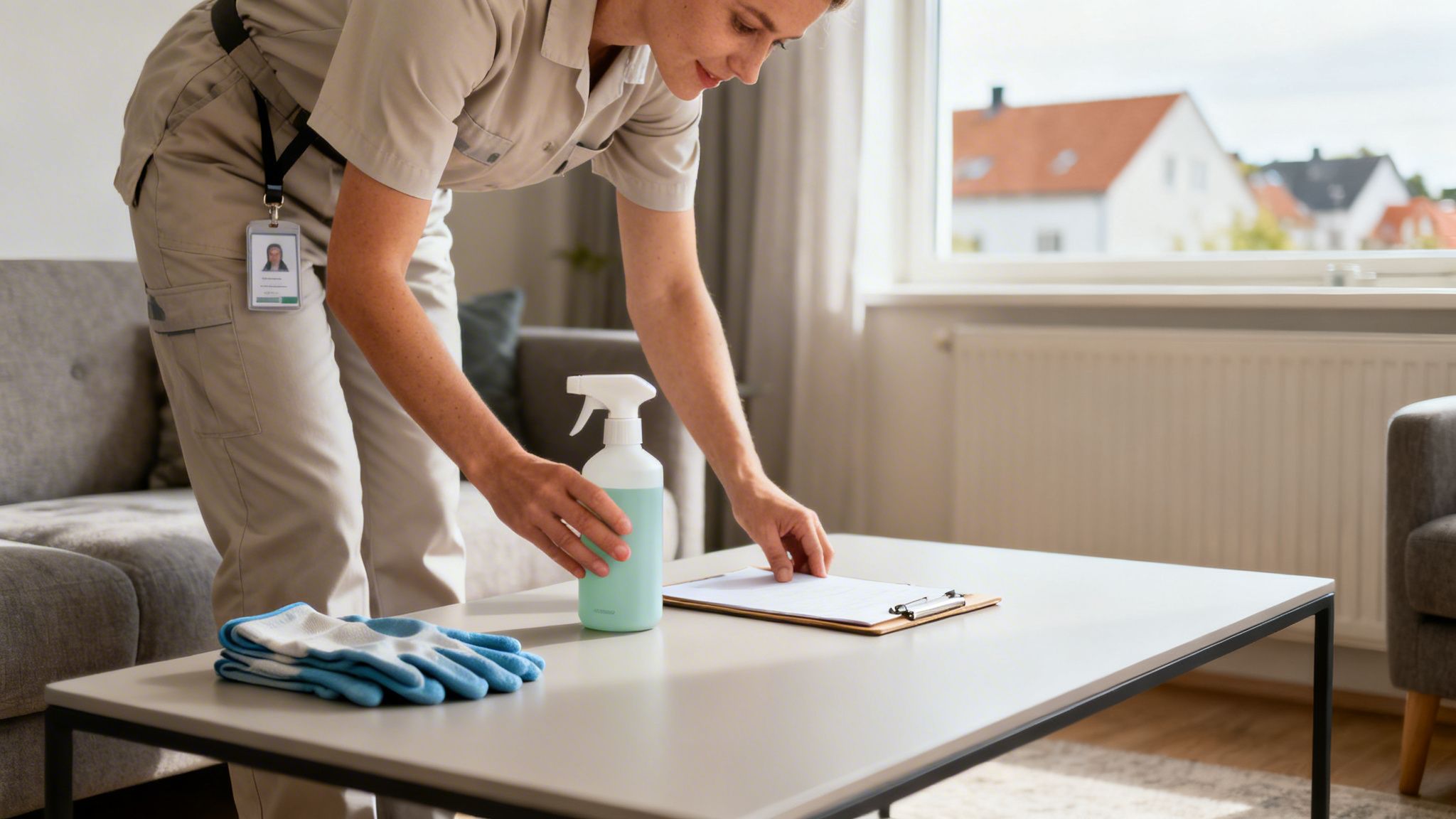En smilende rengøringsmedarbejder klargør sig til at rengøre et bord med spray og handsker.