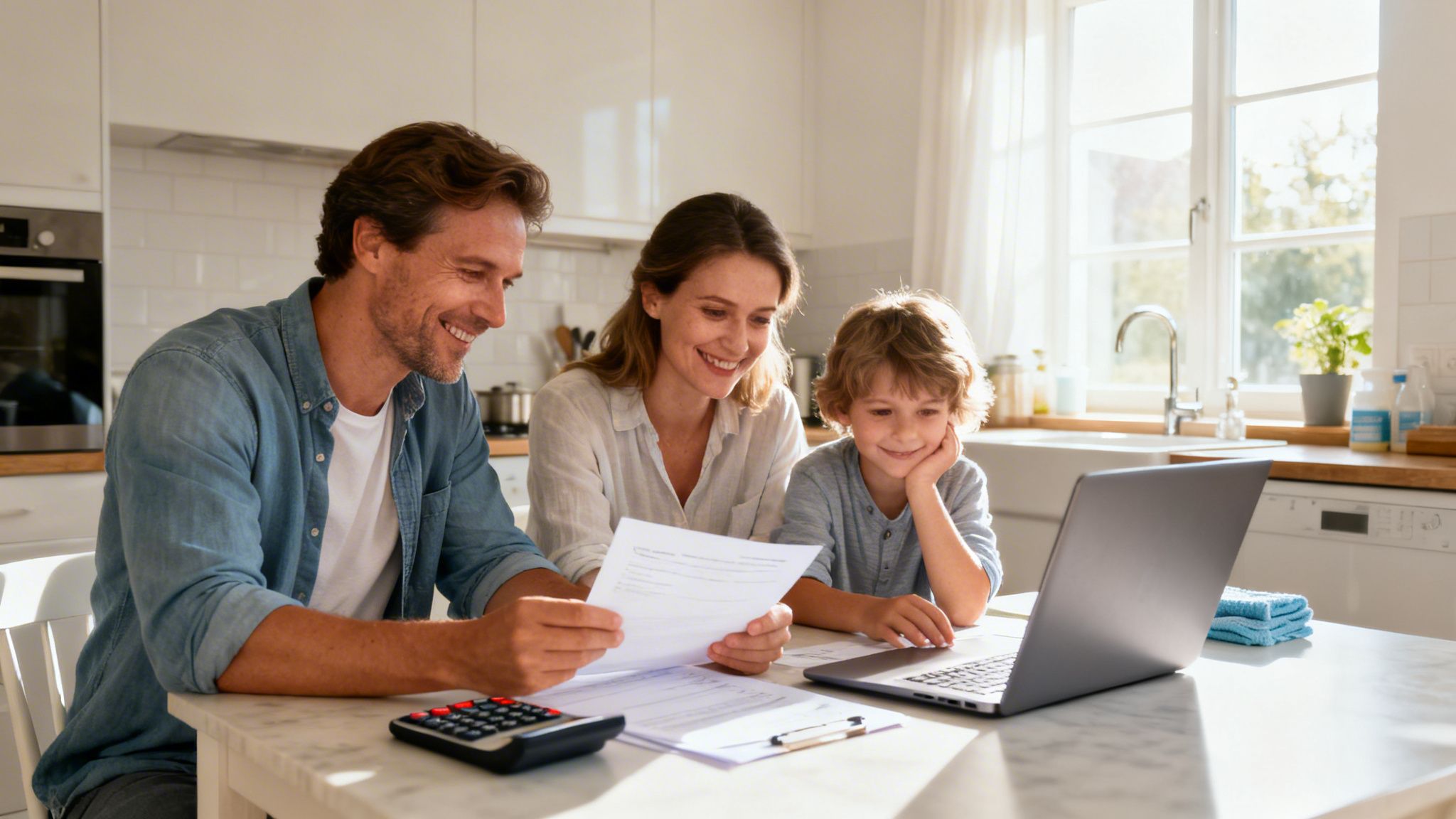 Smilende familie gennemgår dokumenter og bruger bærbar computer ved køkkenbordet, muligvis til finanser eller planlægning.