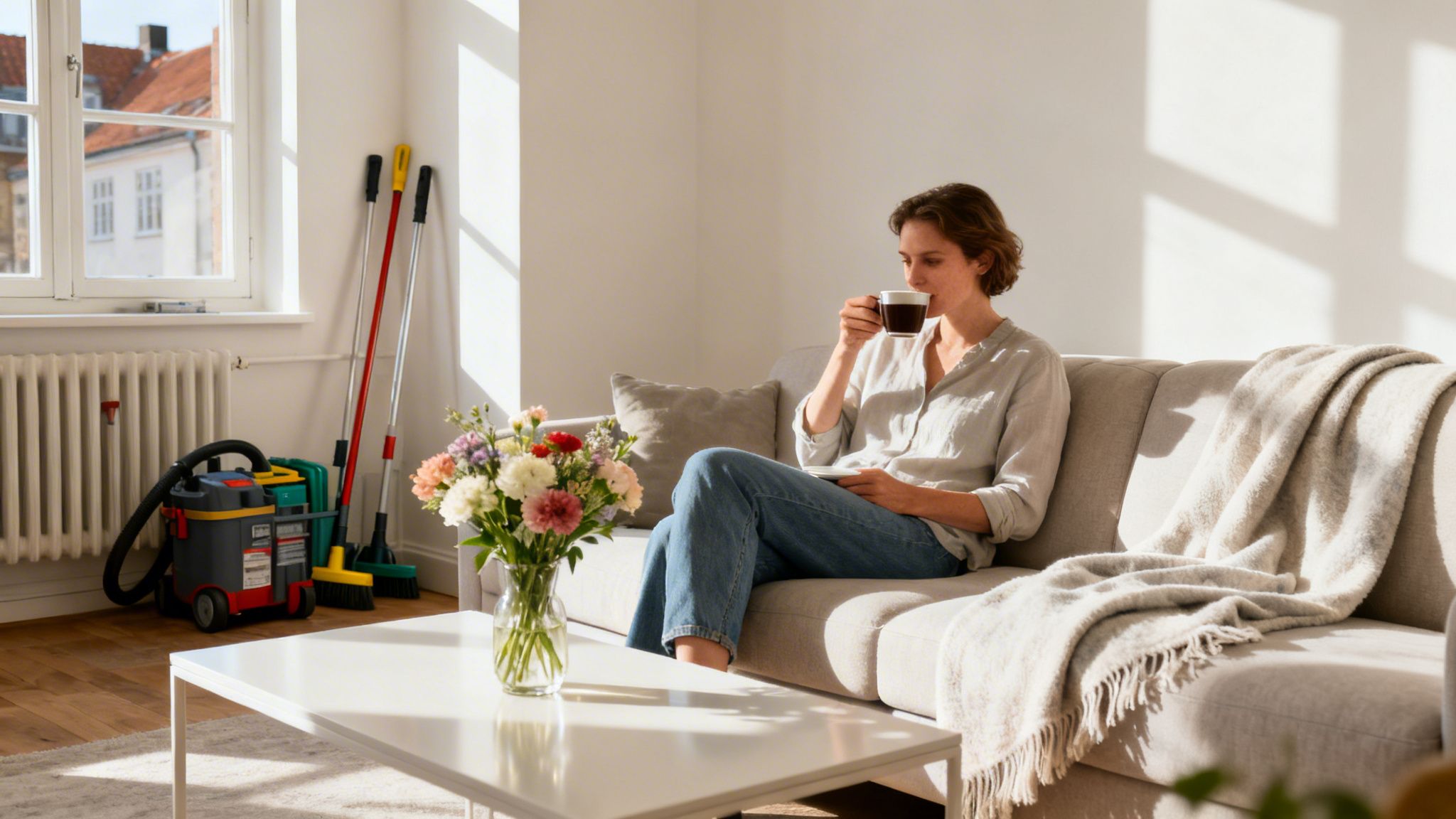 Kvinde nyder kaffe på en sofa i et lyst rum med blomster og rengøringsudstyr.