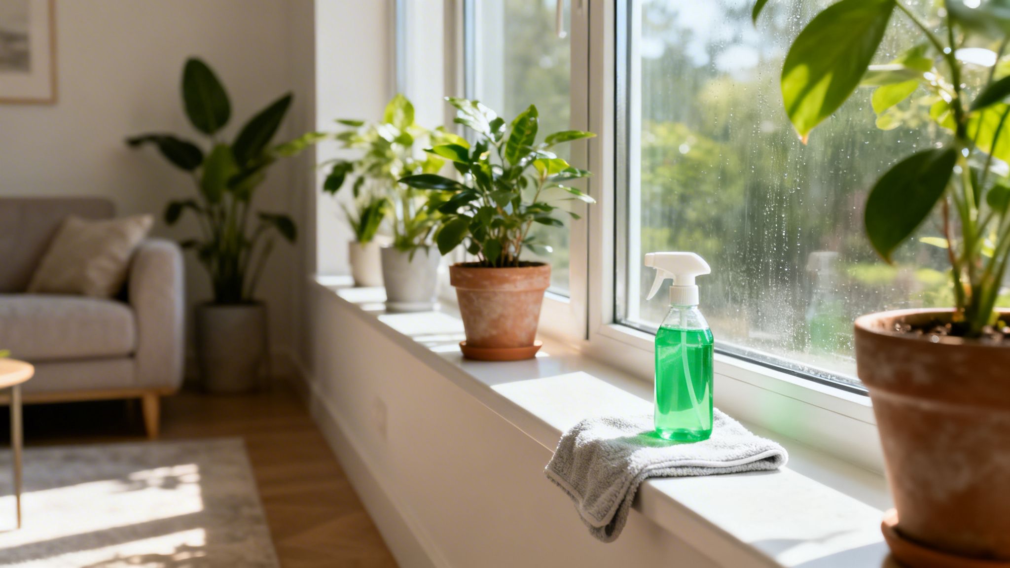 Rengøringsspray og klud på vindueskarmen med potteplanter og sollys i et hjem.