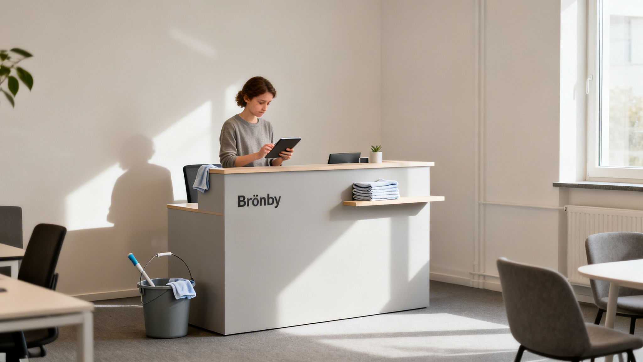 En kvinde ved en reception bruger en tablet, mens en rengøringsspand står klar til erhvervsrengøring.