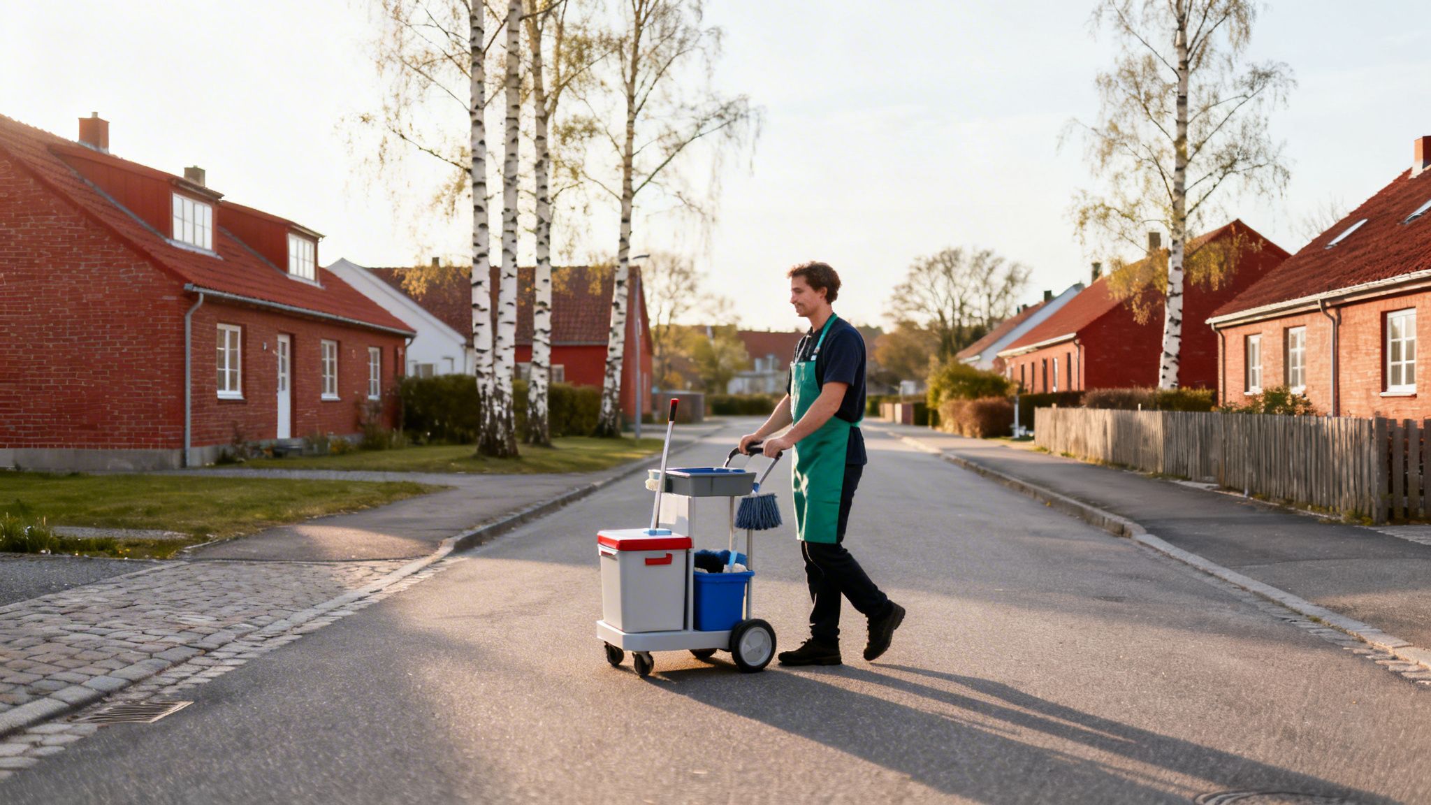 En mandlig rengøringsassistent med forklæde skubber en rengøringsvogn ned ad en villavej.
